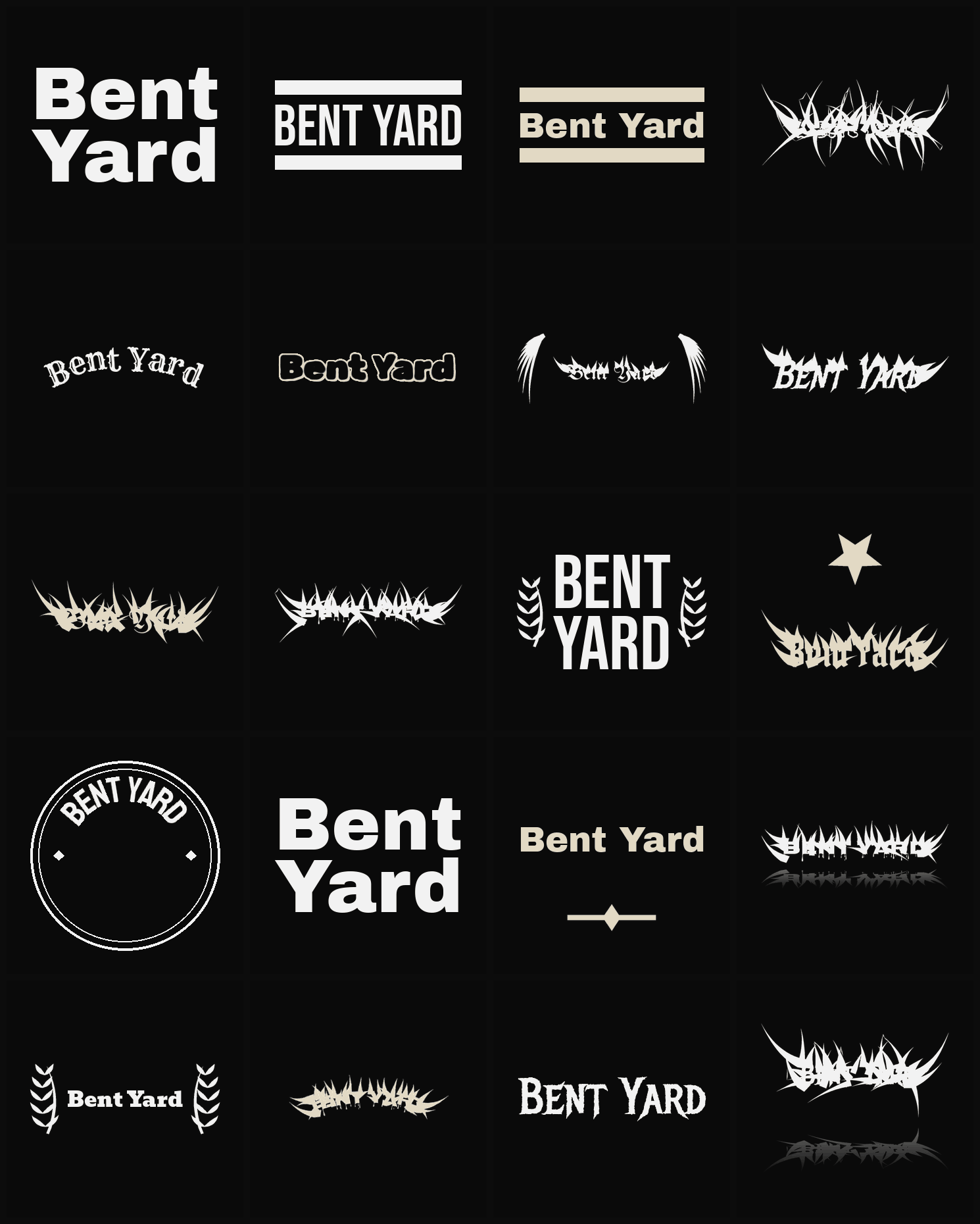 Twenty Bent Yard band logo ideas — different faces, treatments and spike settings