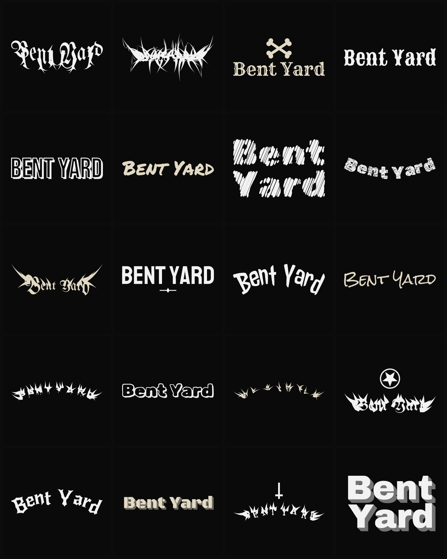 Twenty Bent Yard band logo ideas — different faces, treatments and spike settings