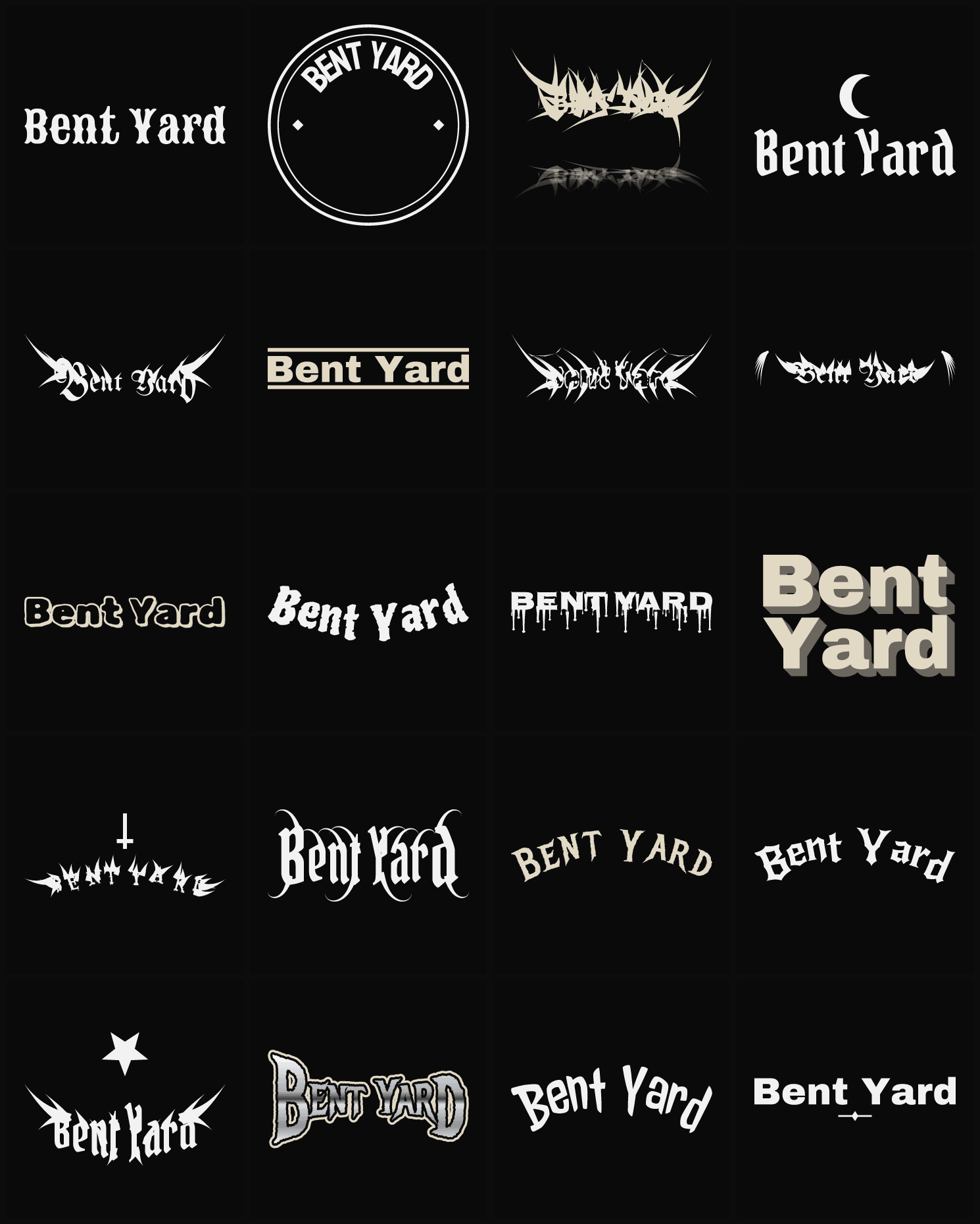 Twenty Bent Yard band logo ideas — different faces, treatments and spike settings