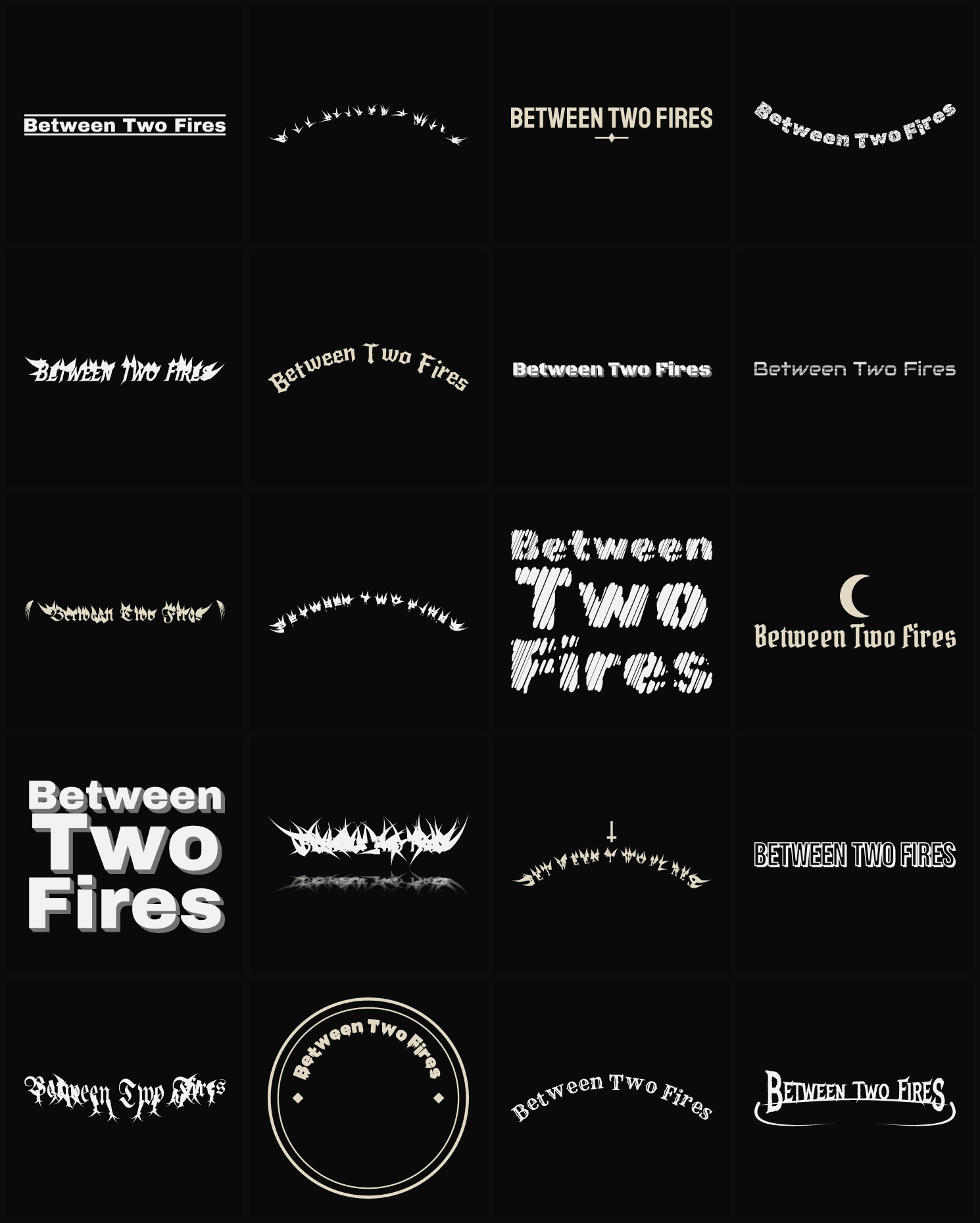 Twenty Between Two Fires band logo ideas — different faces, treatments and spike settings