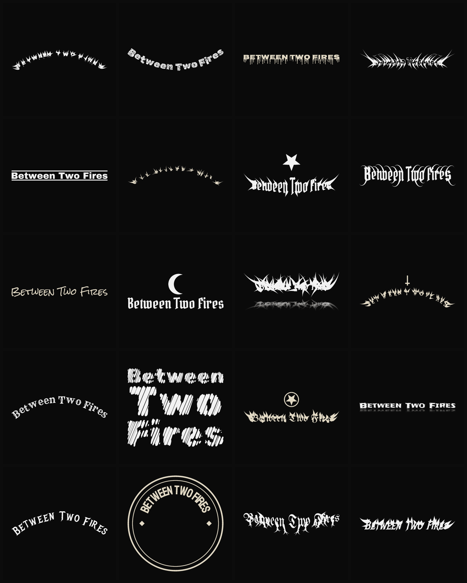 Twenty Between Two Fires band logo ideas — different faces, treatments and spike settings
