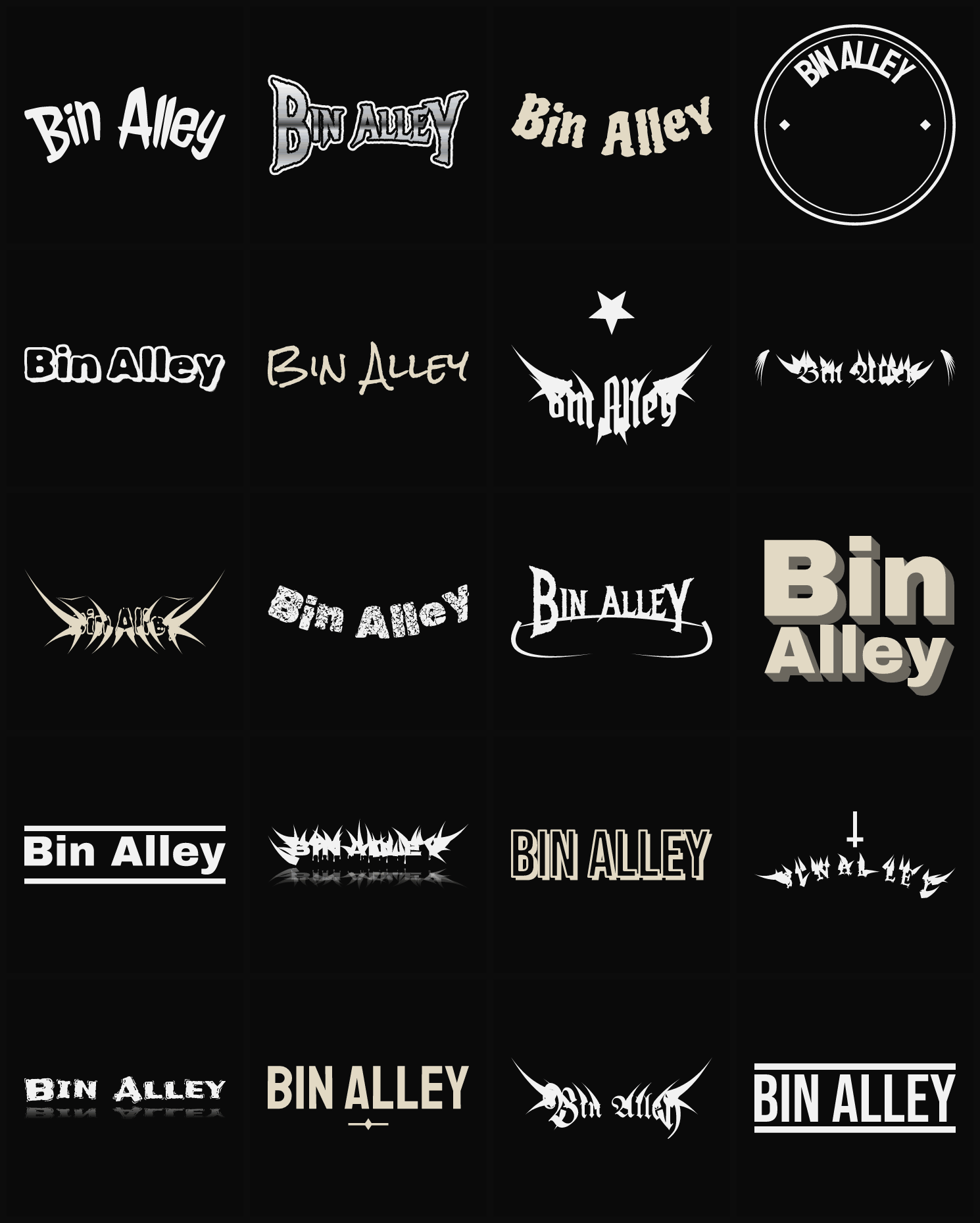 Twenty Bin Alley band logo ideas — different faces, treatments and spike settings