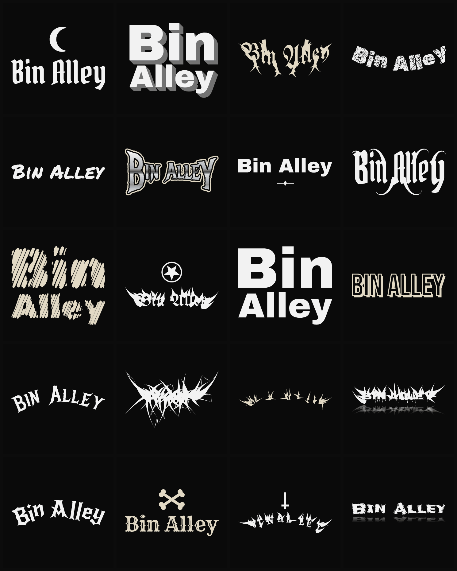 Twenty Bin Alley band logo ideas — different faces, treatments and spike settings