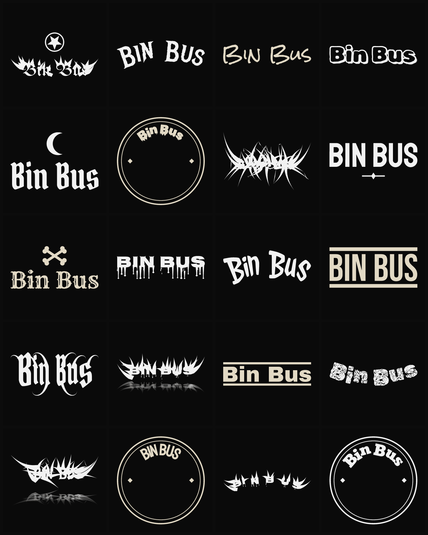Twenty Bin Bus band logo ideas — different faces, treatments and spike settings
