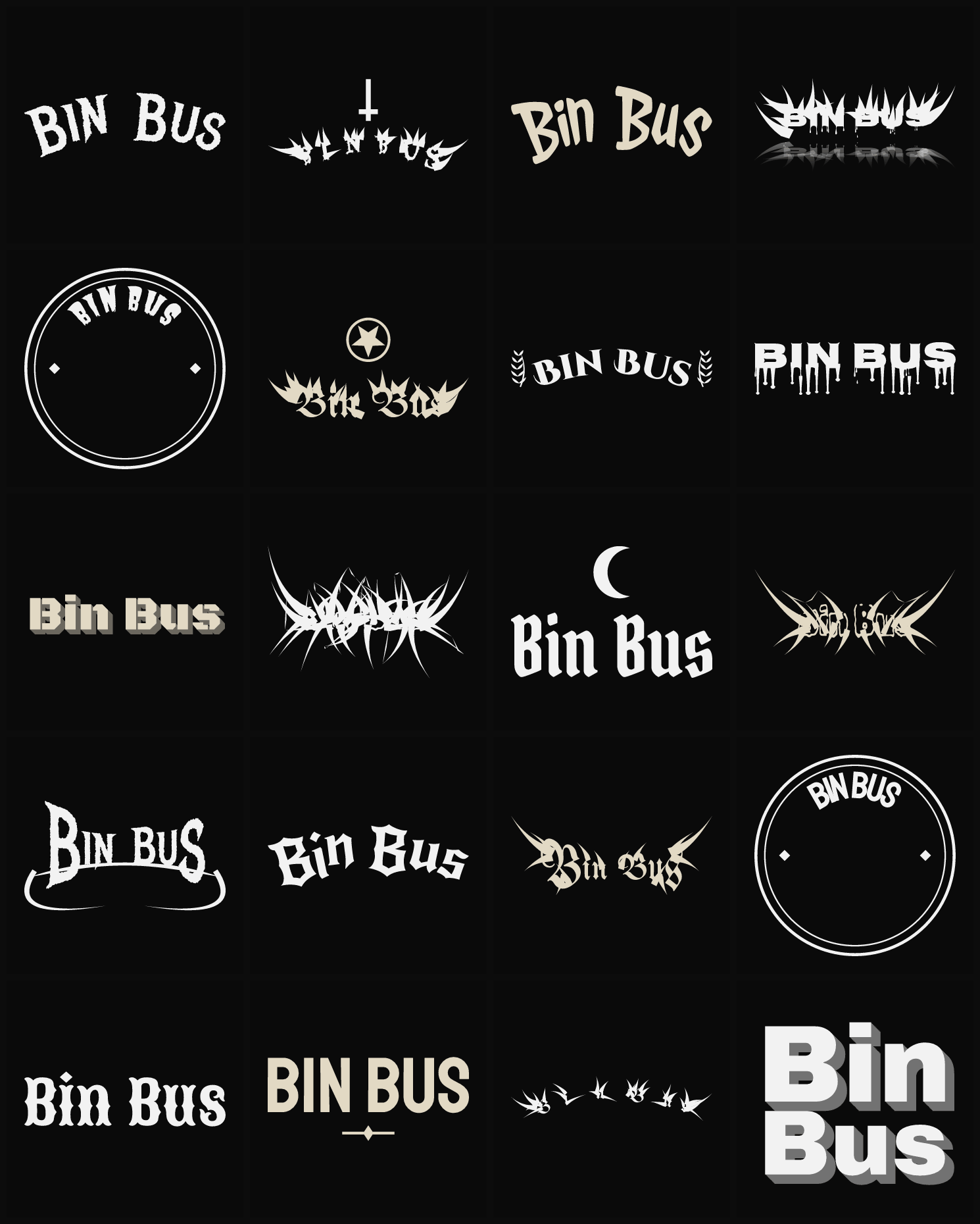 Twenty Bin Bus band logo ideas — different faces, treatments and spike settings