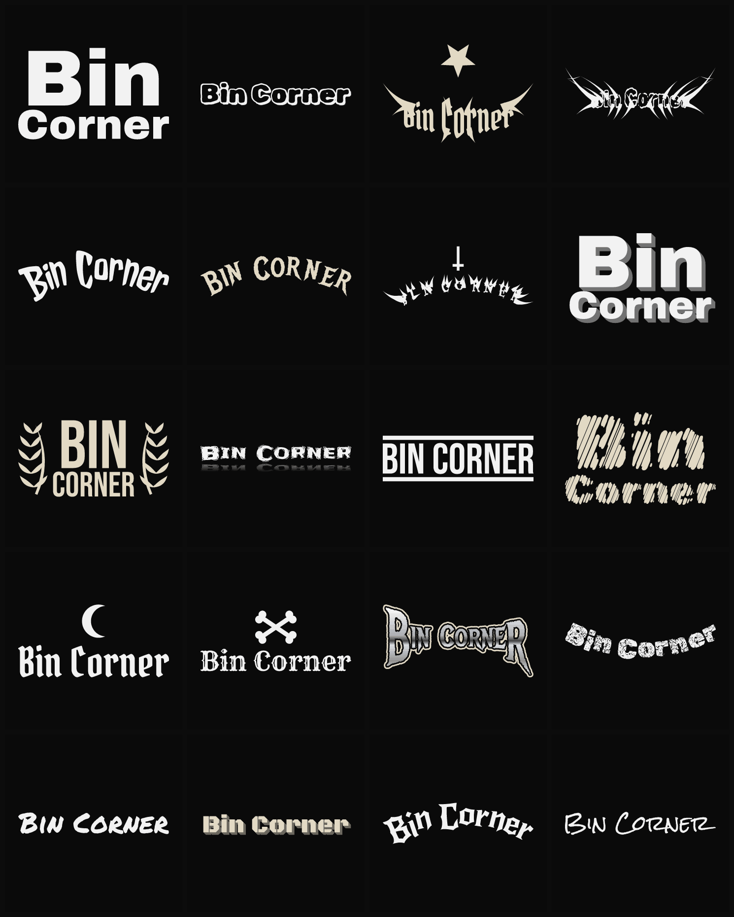 Twenty Bin Corner band logo ideas — different faces, treatments and spike settings