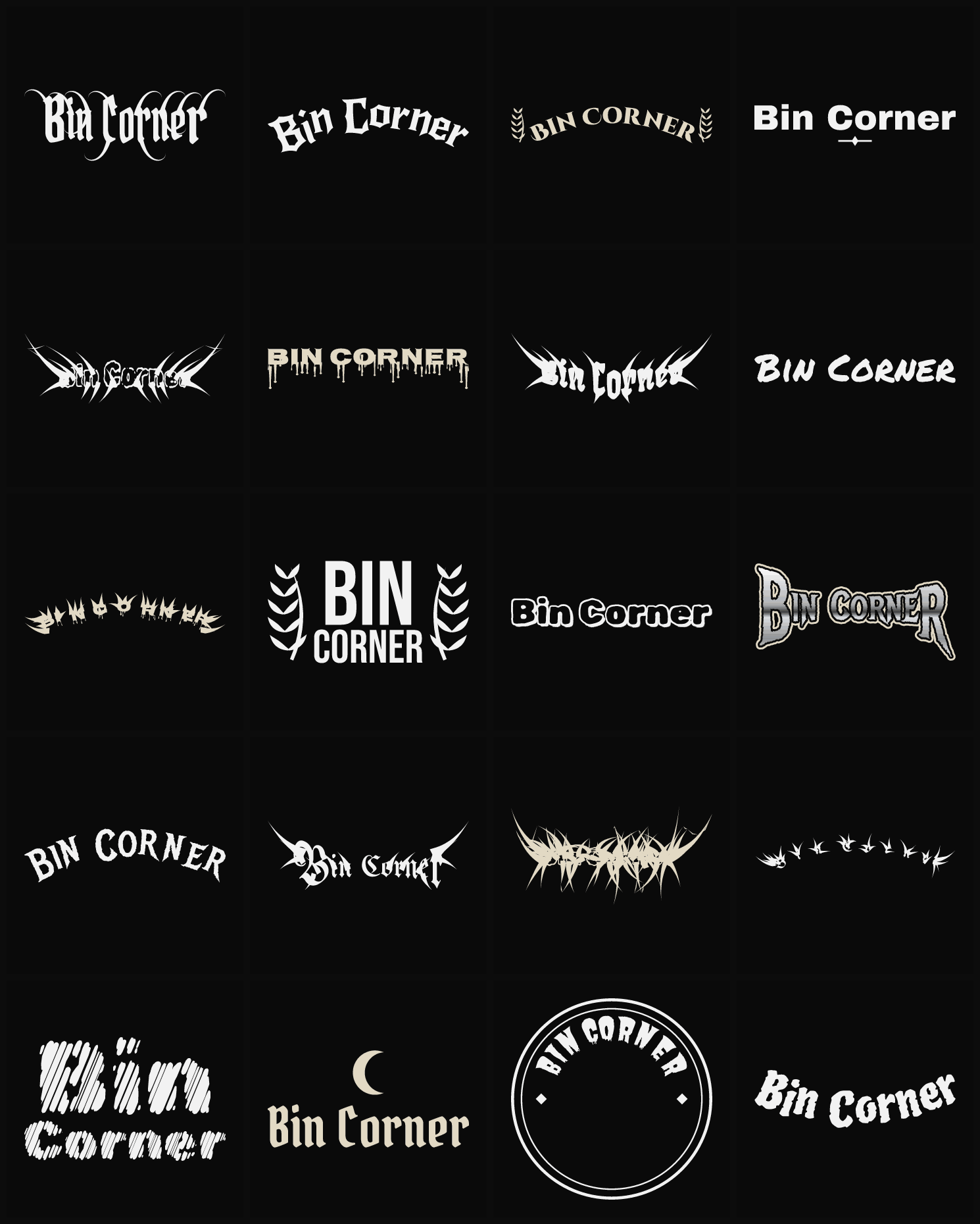 Twenty Bin Corner band logo ideas — different faces, treatments and spike settings