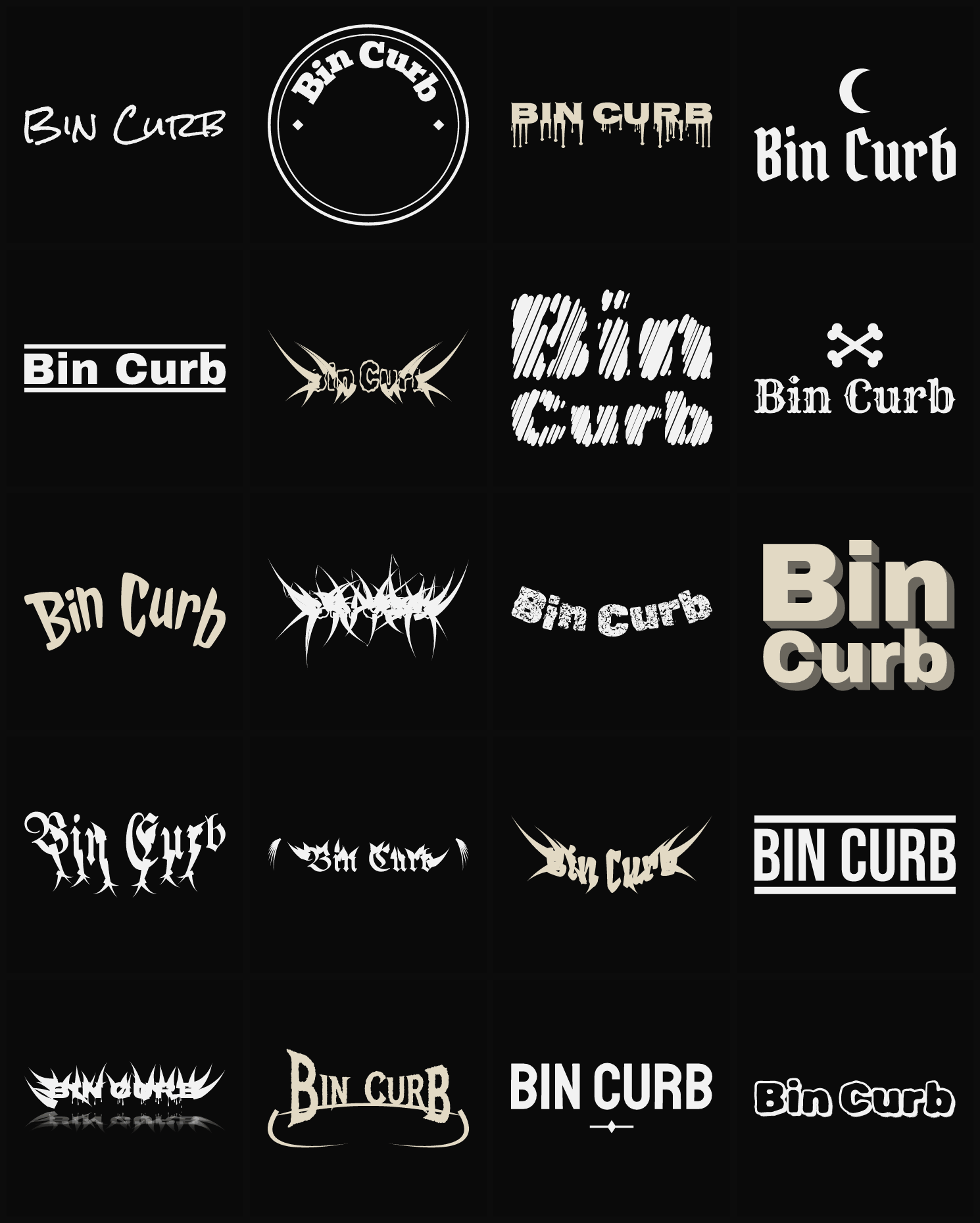 Twenty Bin Curb band logo ideas — different faces, treatments and spike settings