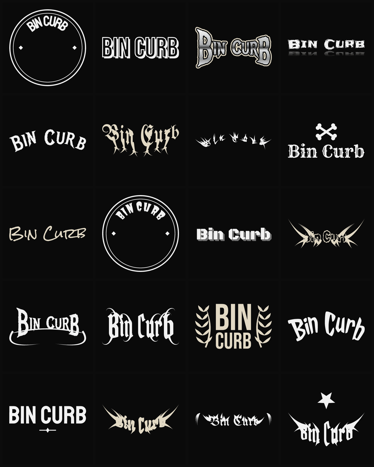Twenty Bin Curb band logo ideas — different faces, treatments and spike settings