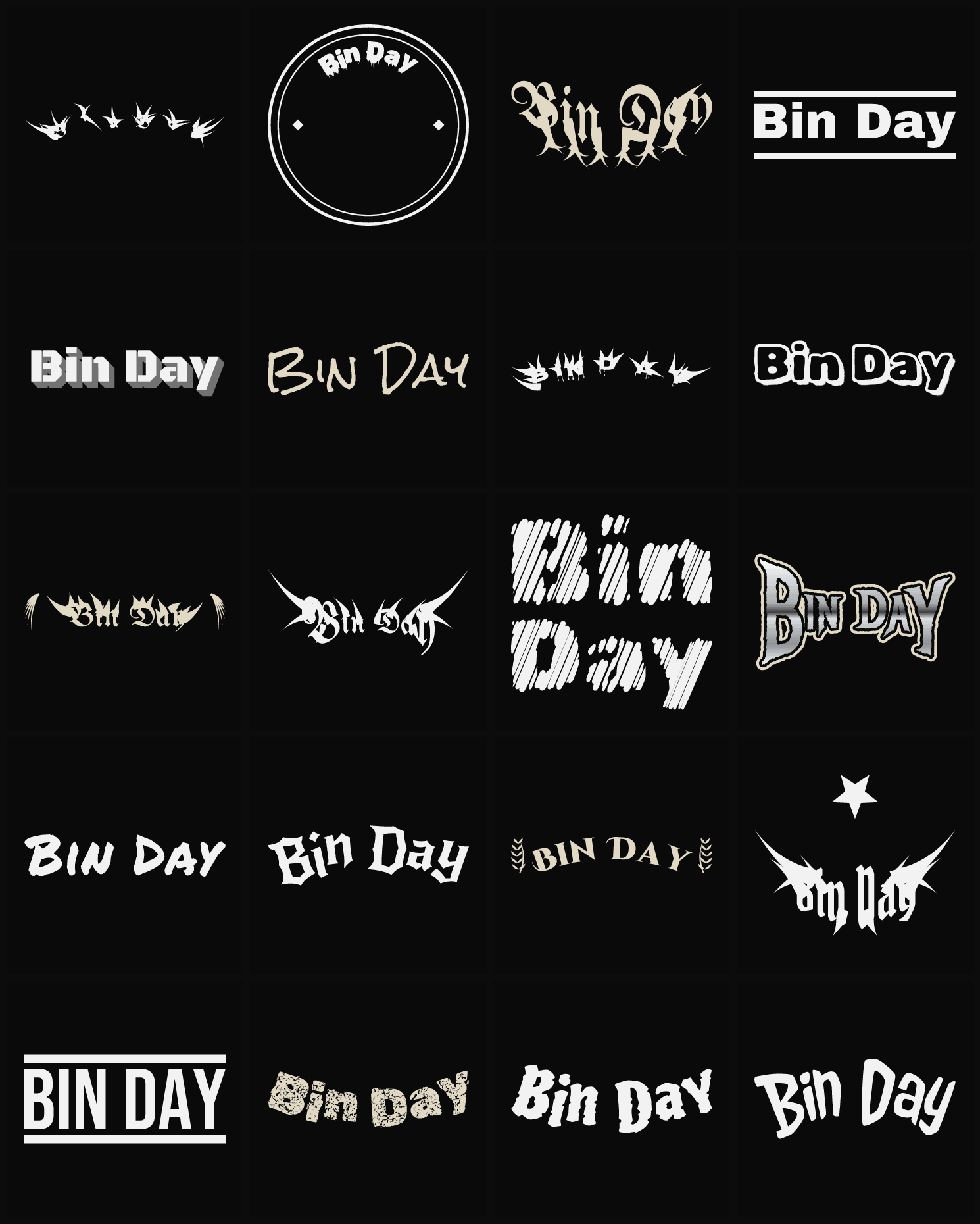 Twenty Bin Day band logo ideas — different faces, treatments and spike settings