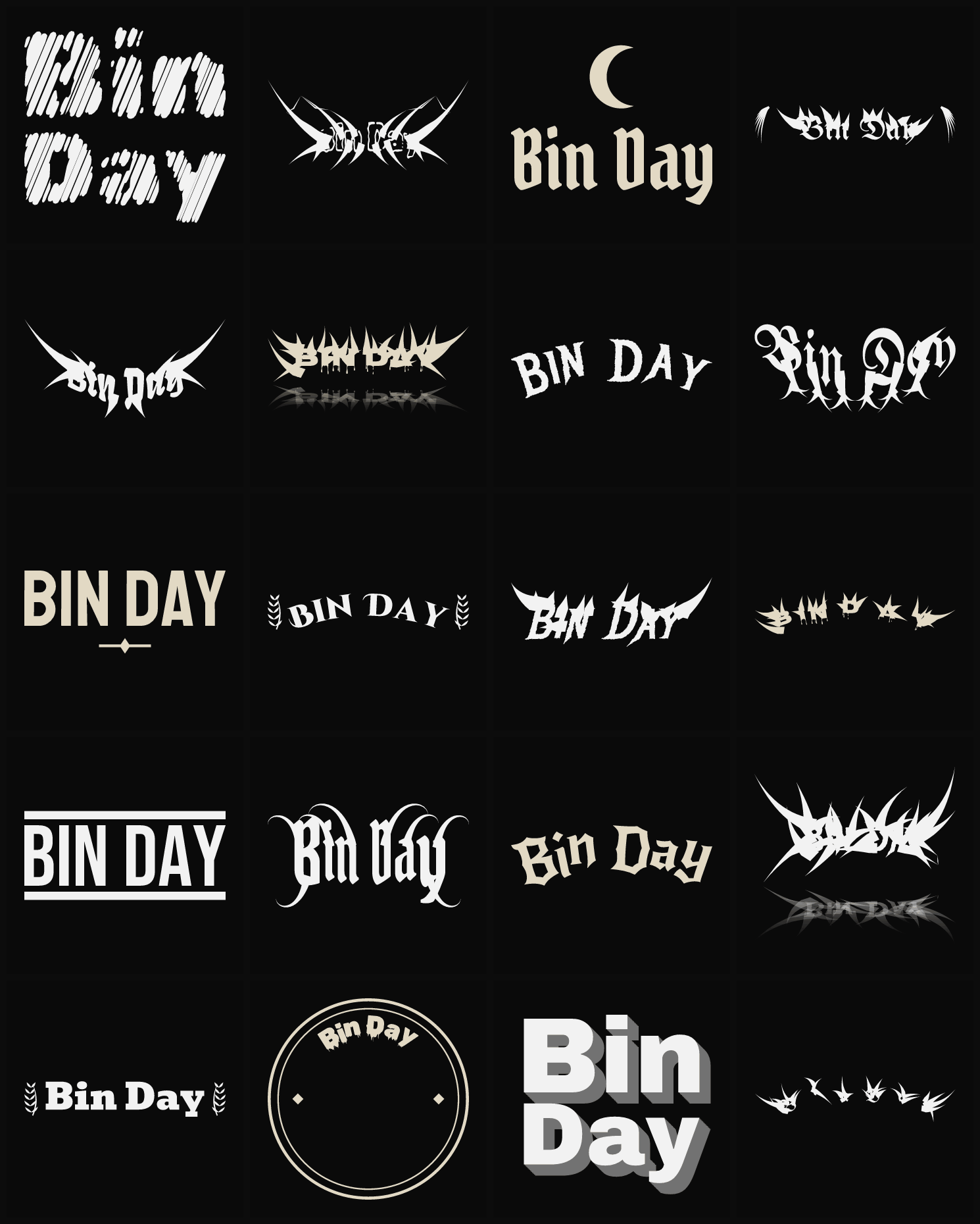 Twenty Bin Day band logo ideas — different faces, treatments and spike settings