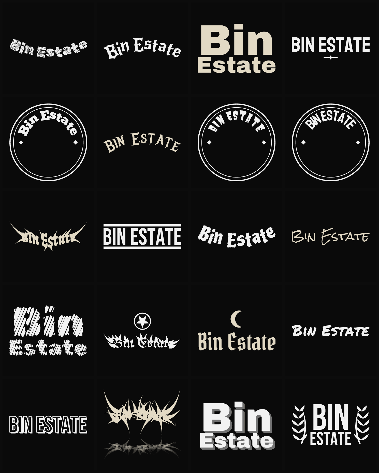 Twenty Bin Estate band logo ideas — different faces, treatments and spike settings