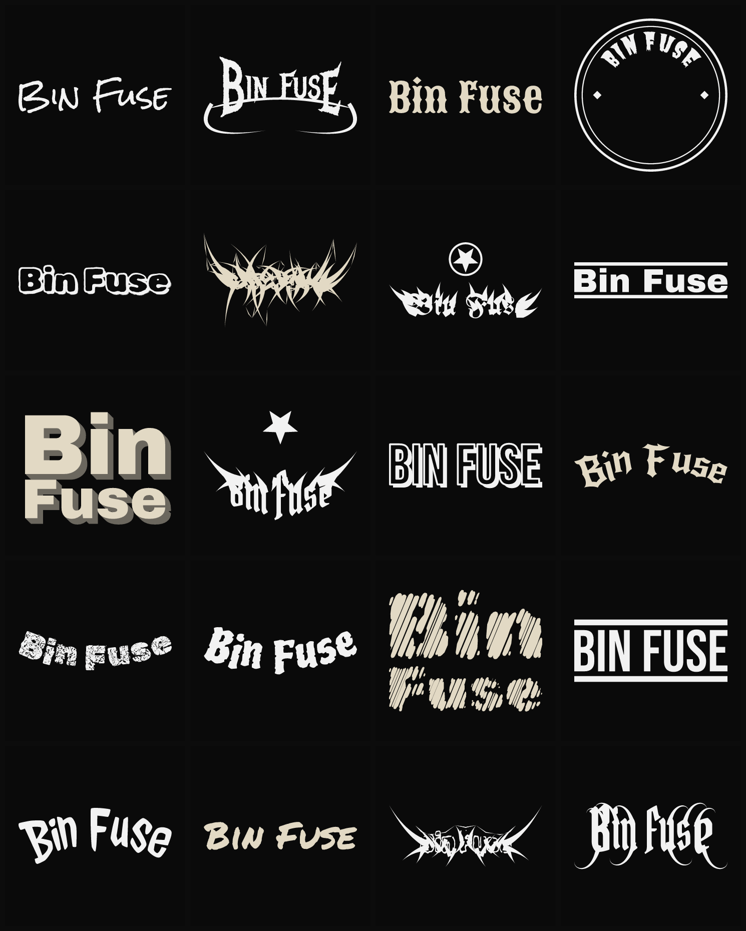 Twenty Bin Fuse band logo ideas — different faces, treatments and spike settings