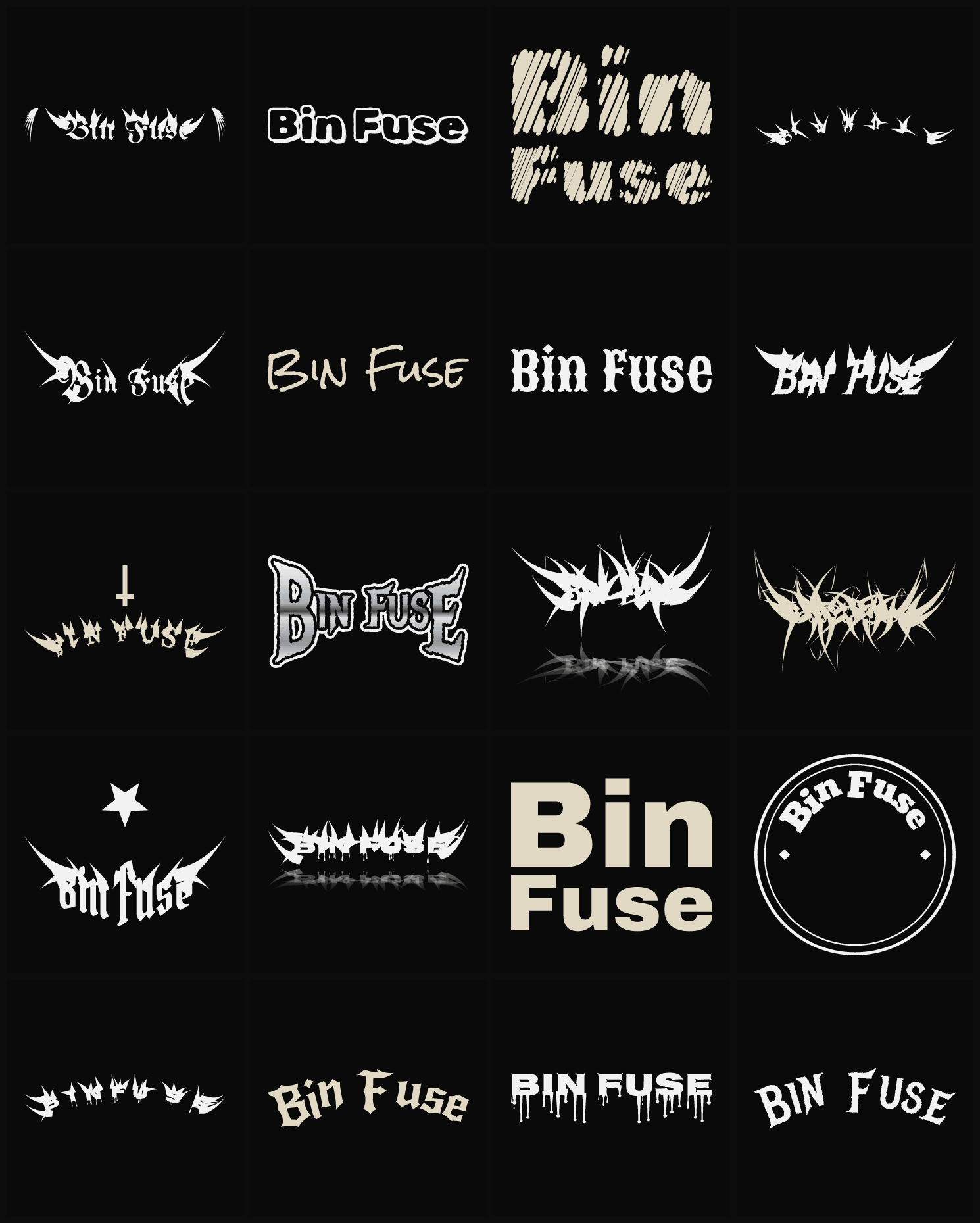Twenty Bin Fuse band logo ideas — different faces, treatments and spike settings