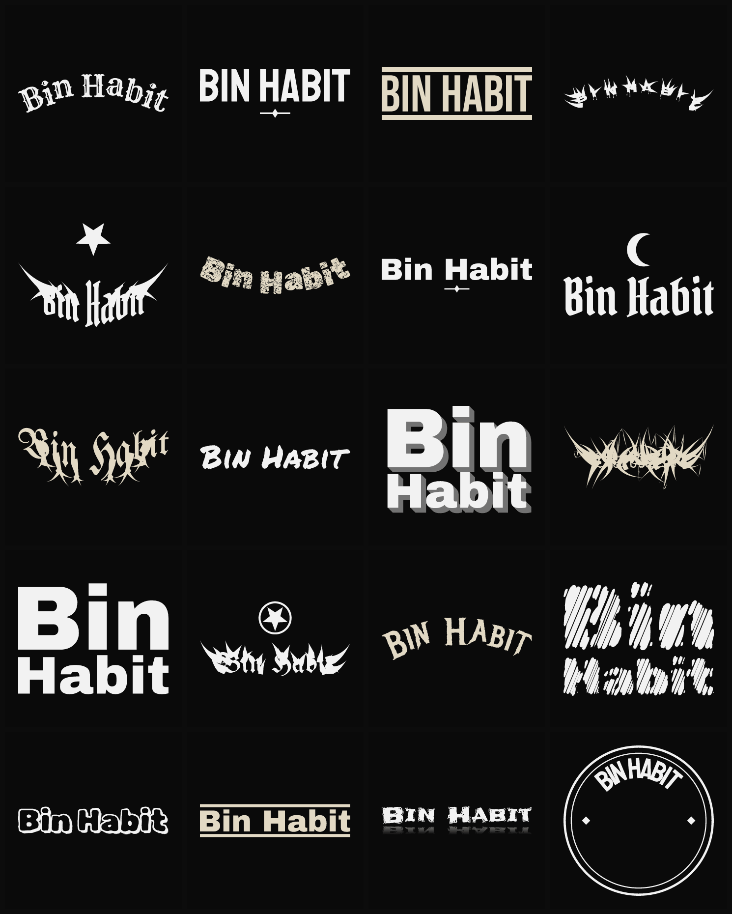 Twenty Bin Habit band logo ideas — different faces, treatments and spike settings