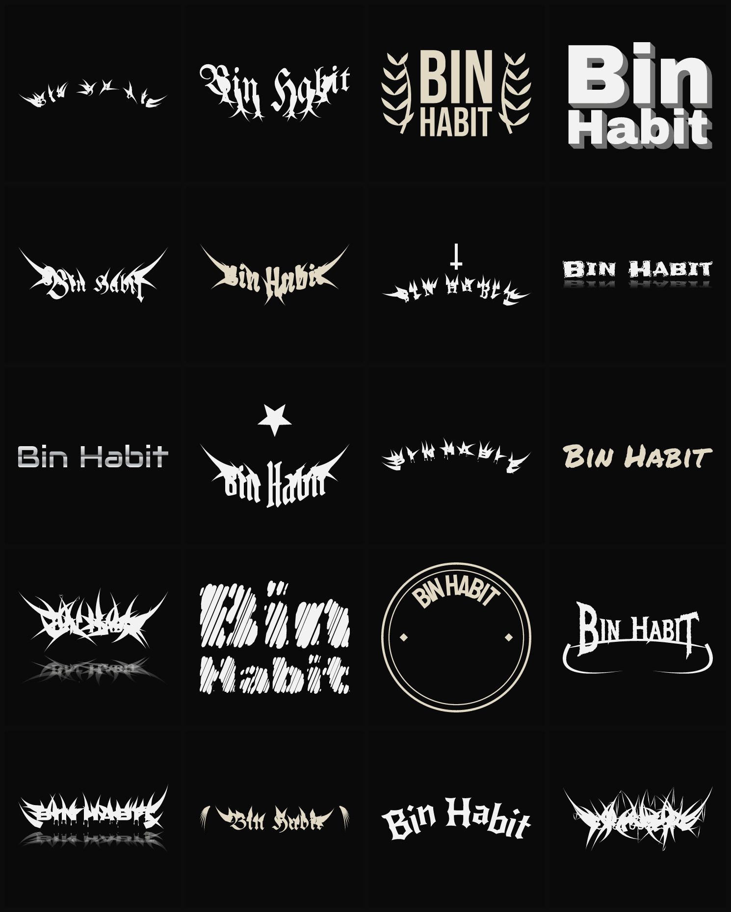 Twenty Bin Habit band logo ideas — different faces, treatments and spike settings