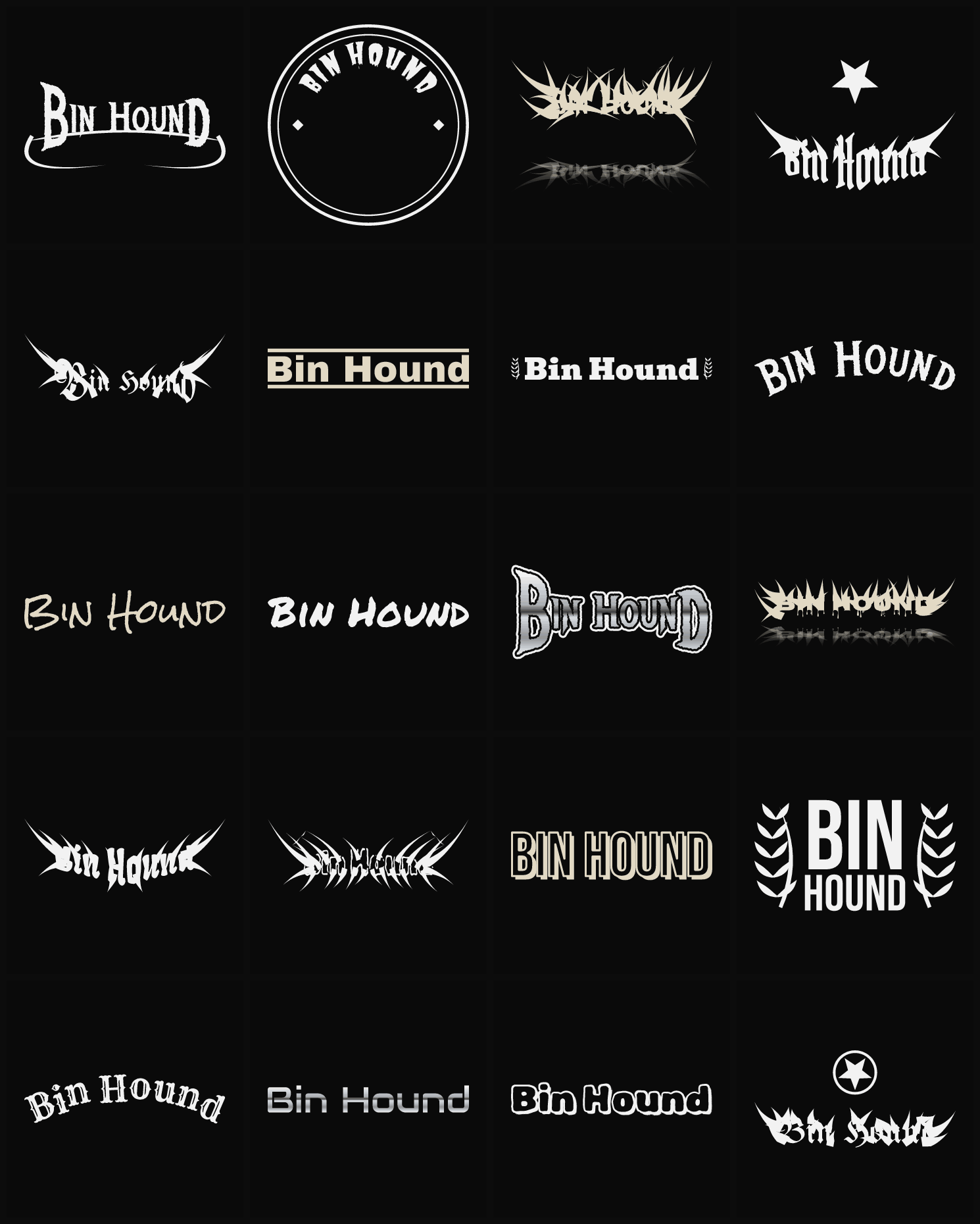Twenty Bin Hound band logo ideas — different faces, treatments and spike settings