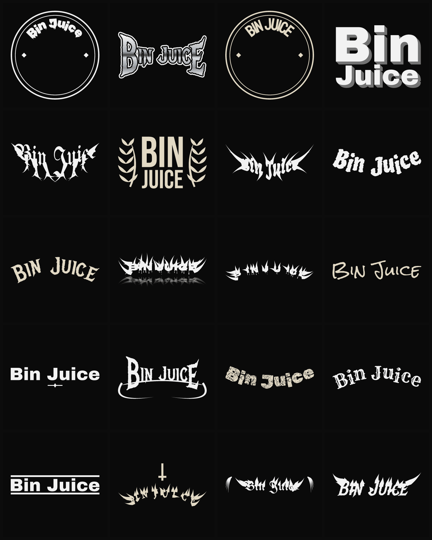 Twenty Bin Juice band logo ideas — different faces, treatments and spike settings