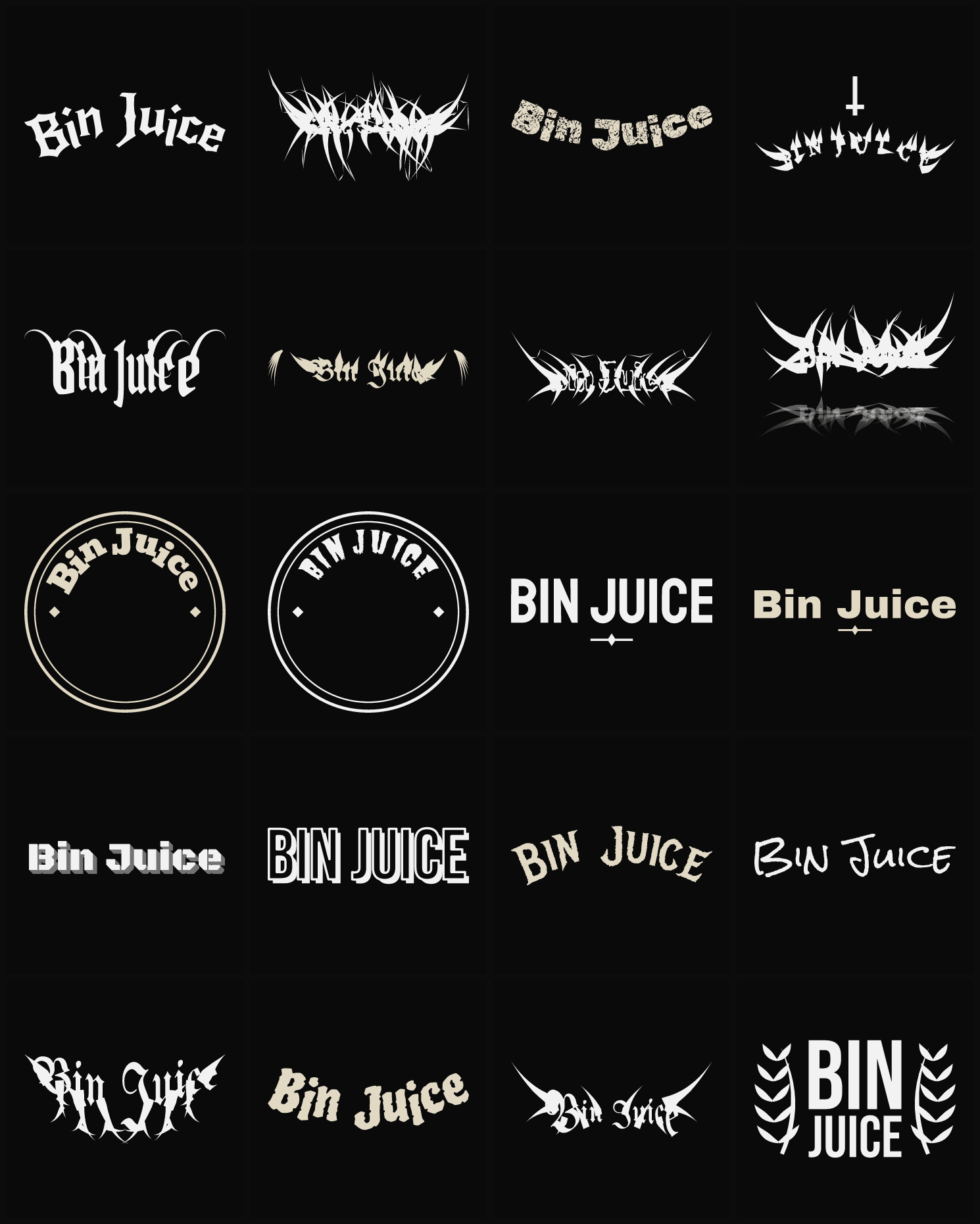 Twenty Bin Juice band logo ideas — different faces, treatments and spike settings