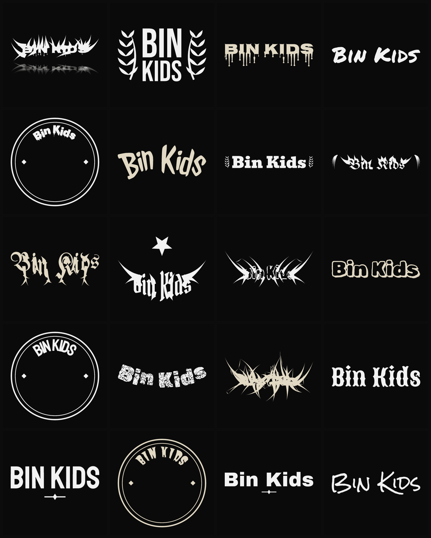 Twenty Bin Kids band logo ideas — different faces, treatments and spike settings