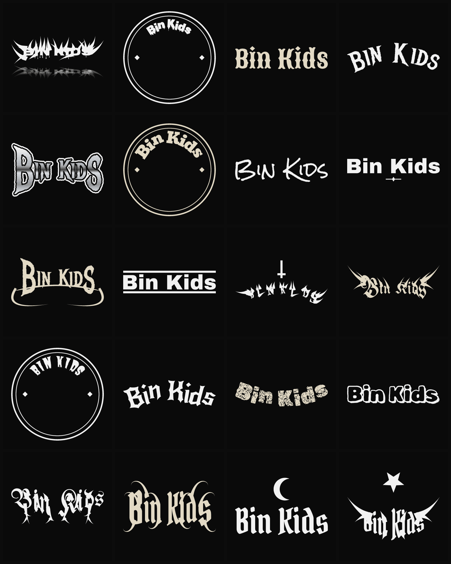 Twenty Bin Kids band logo ideas — different faces, treatments and spike settings