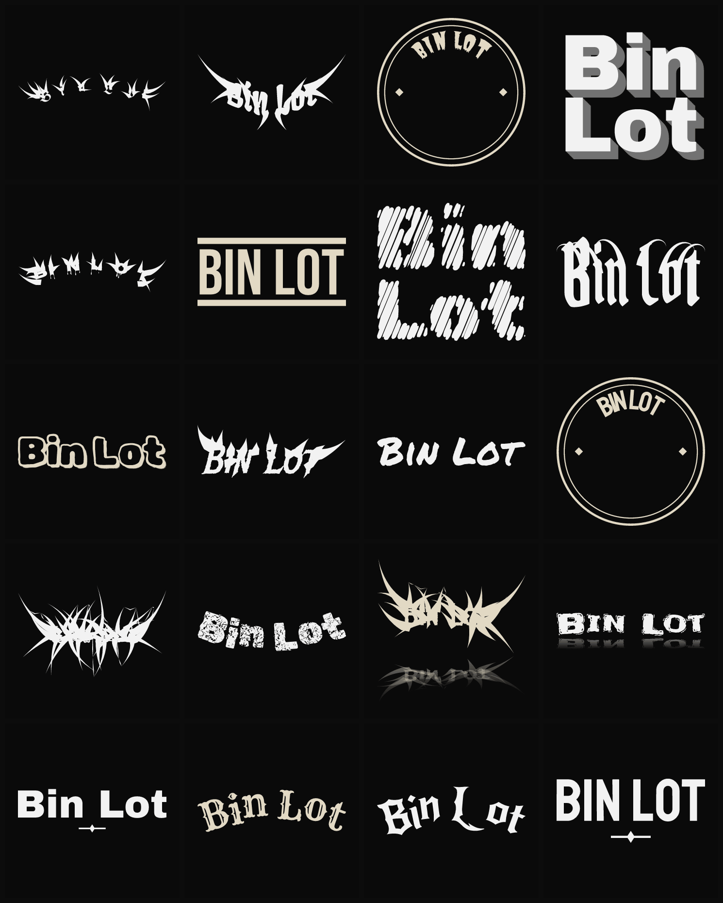 Twenty Bin Lot band logo ideas — different faces, treatments and spike settings
