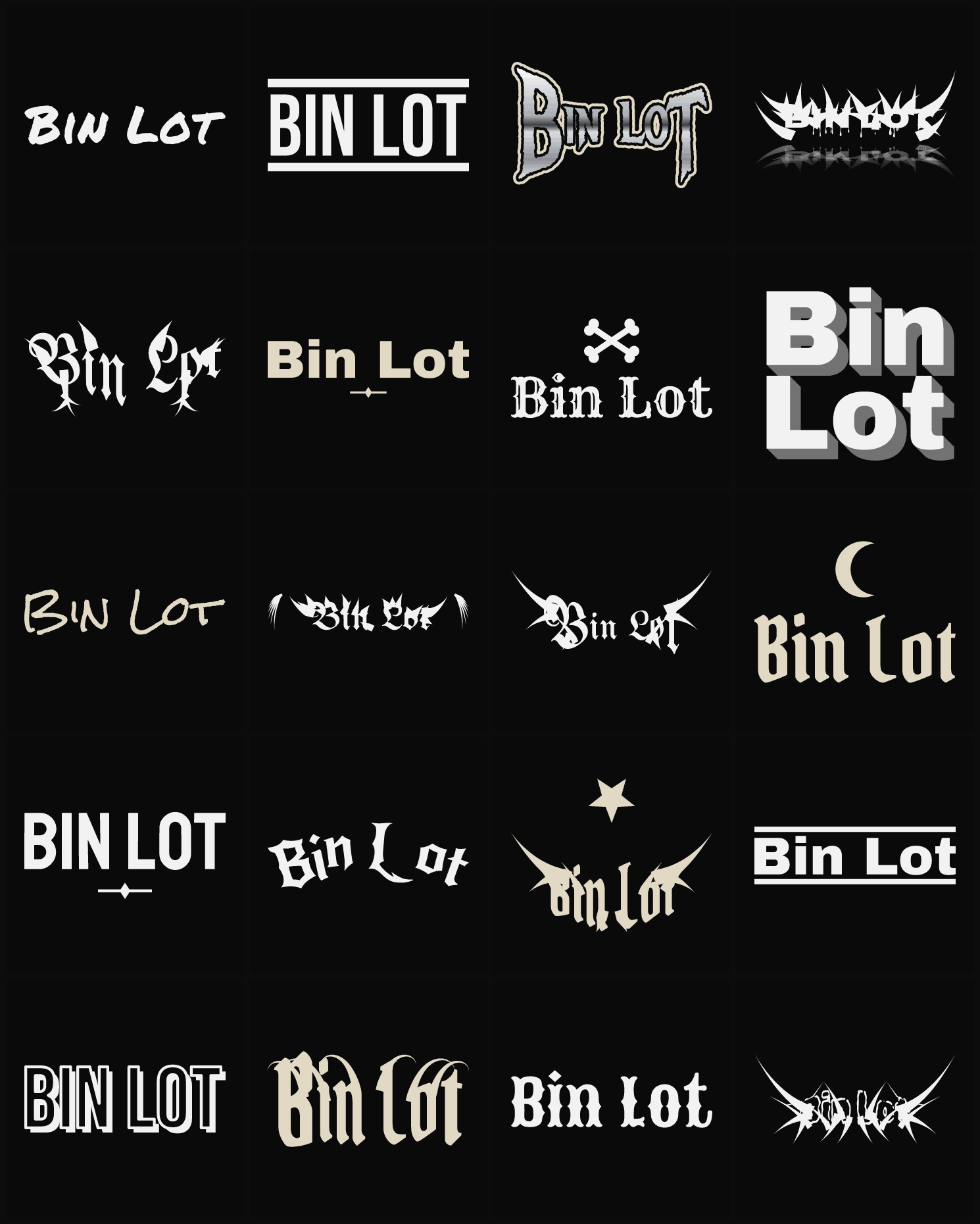 Twenty Bin Lot band logo ideas — different faces, treatments and spike settings