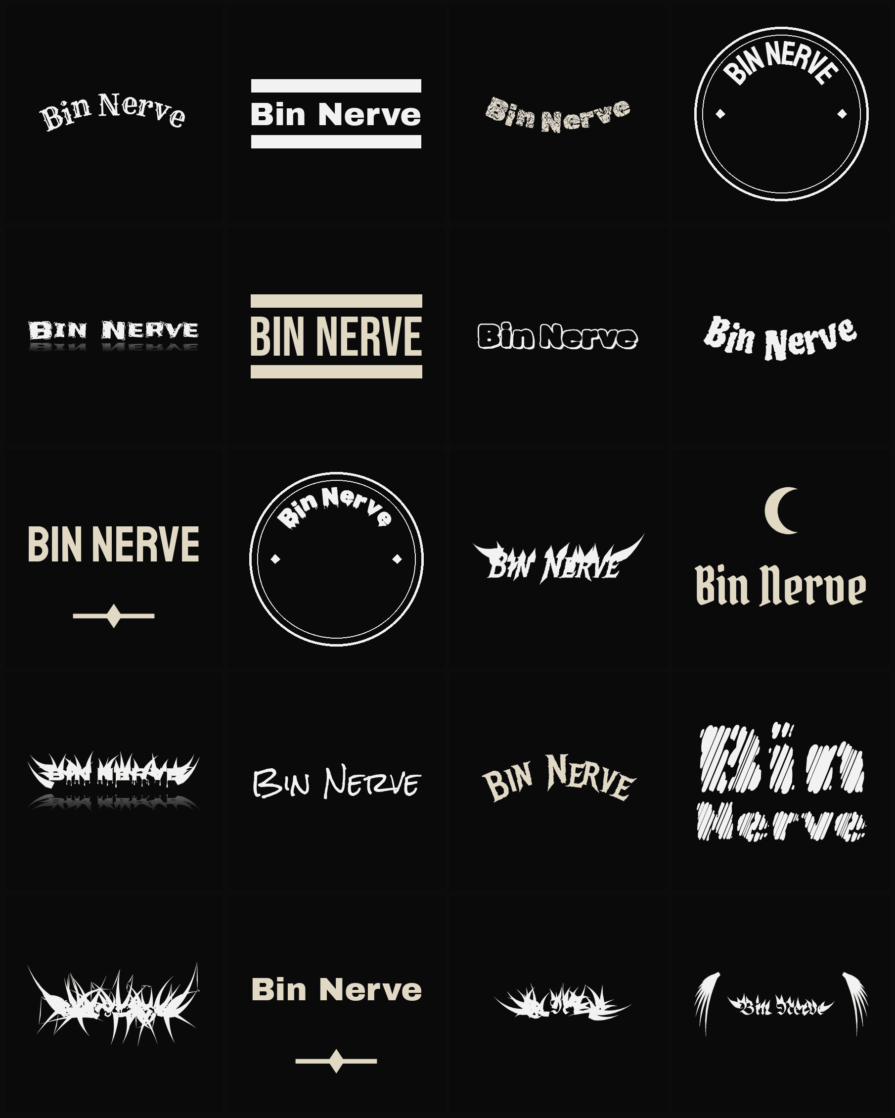 Twenty Bin Nerve band logo ideas — different faces, treatments and spike settings