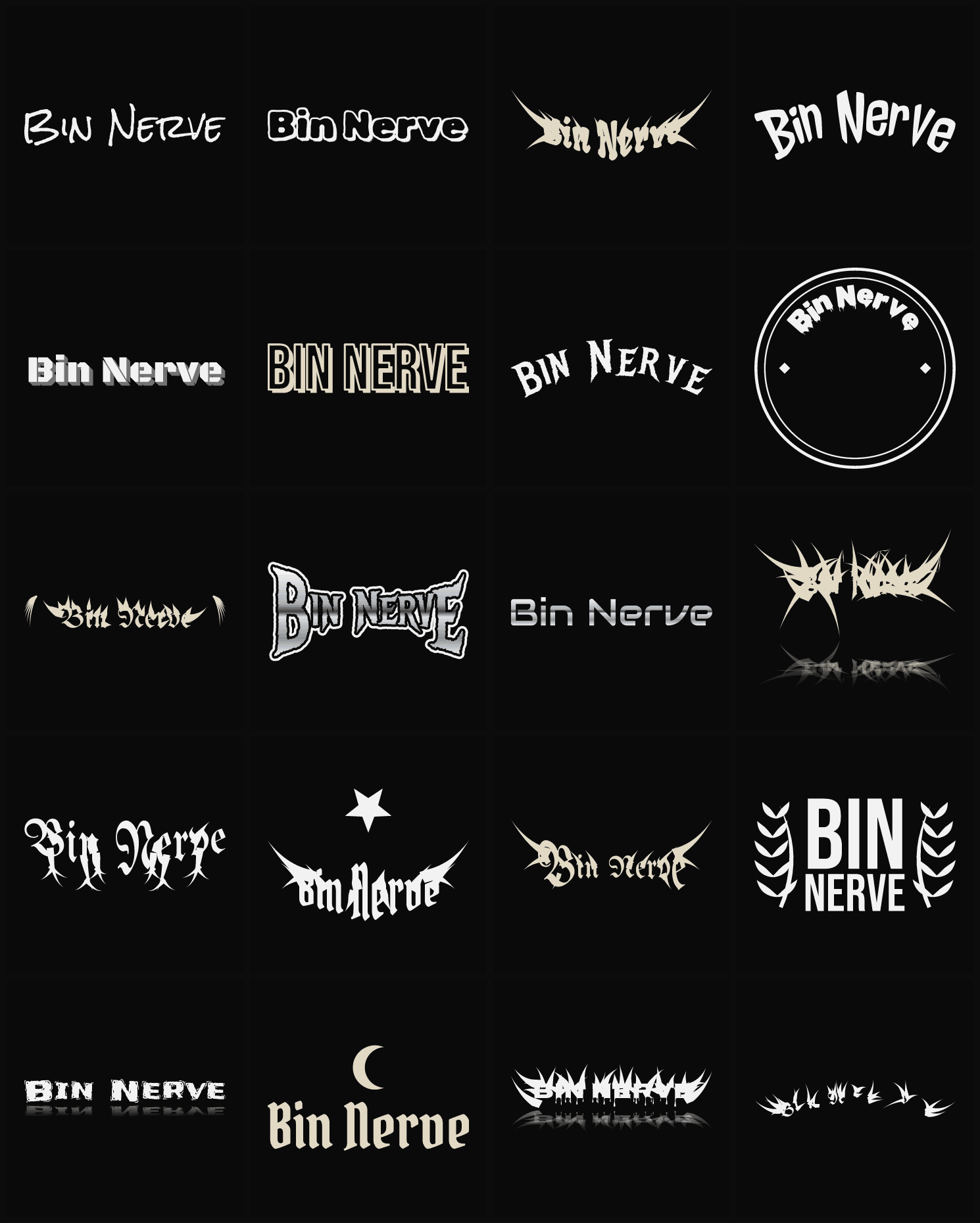Twenty Bin Nerve band logo ideas — different faces, treatments and spike settings