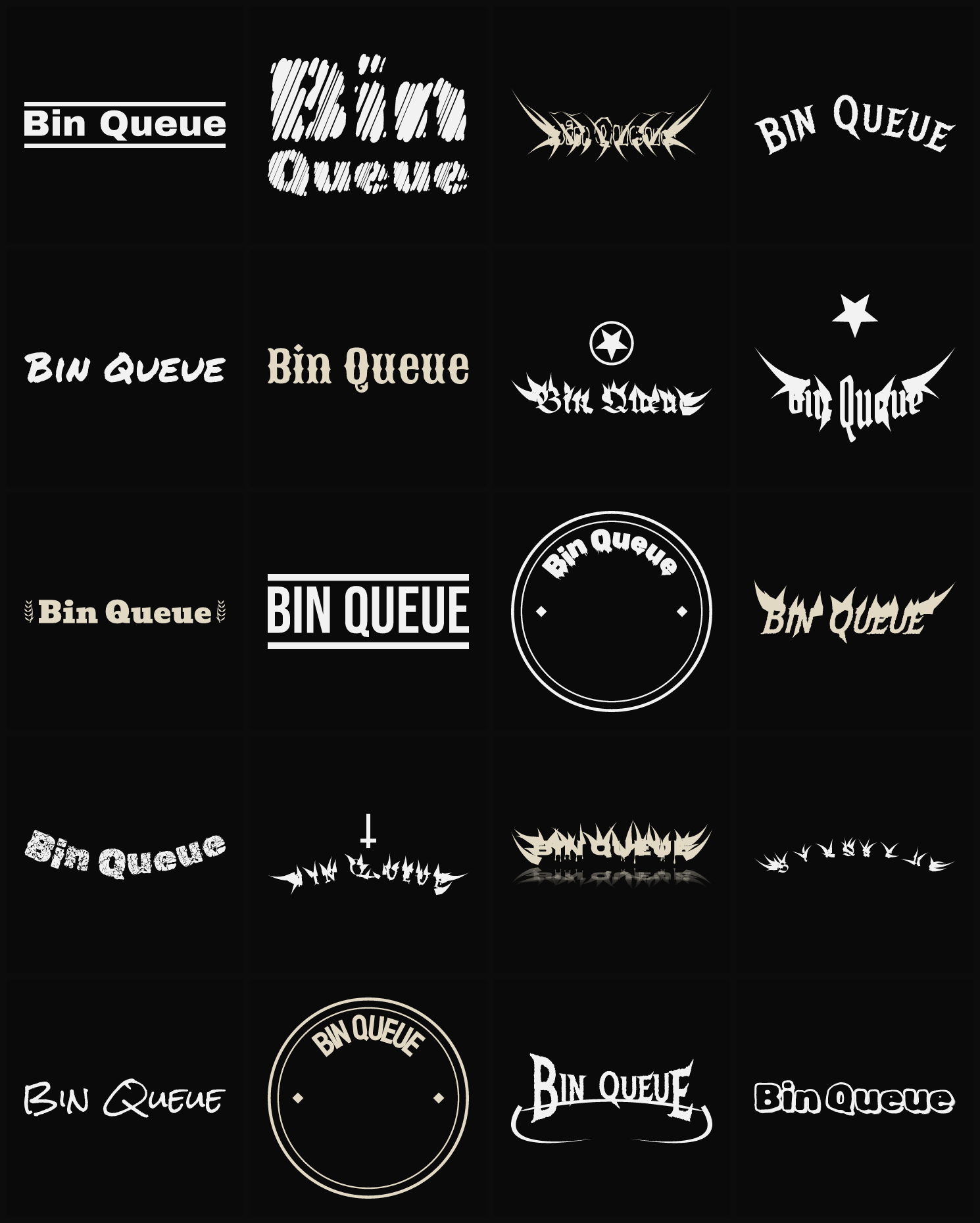 Twenty Bin Queue band logo ideas — different faces, treatments and spike settings