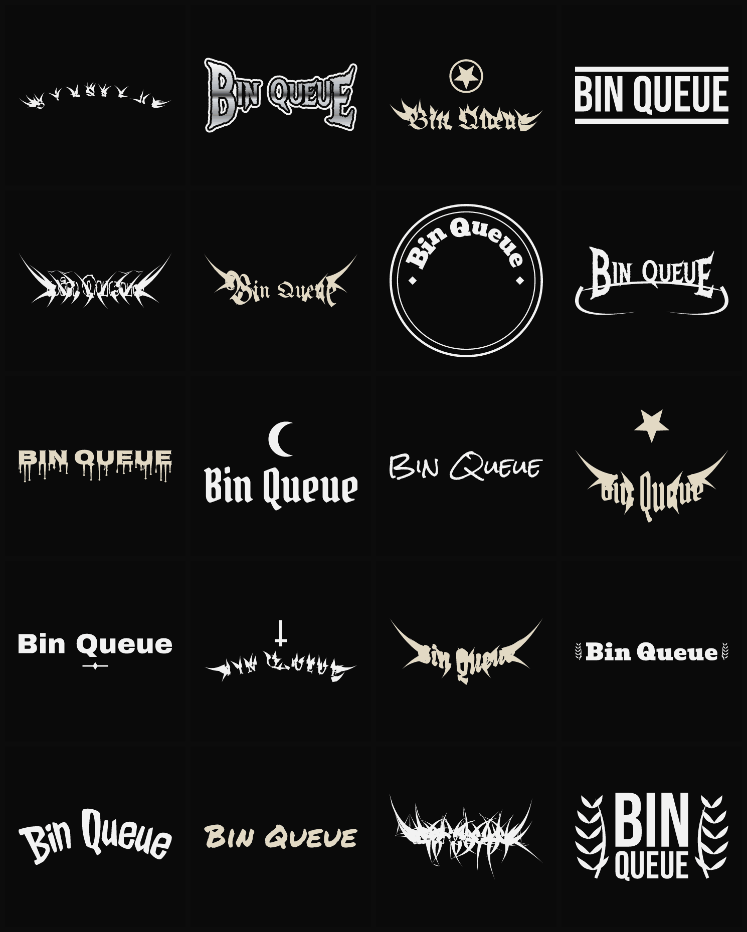 Twenty Bin Queue band logo ideas — different faces, treatments and spike settings