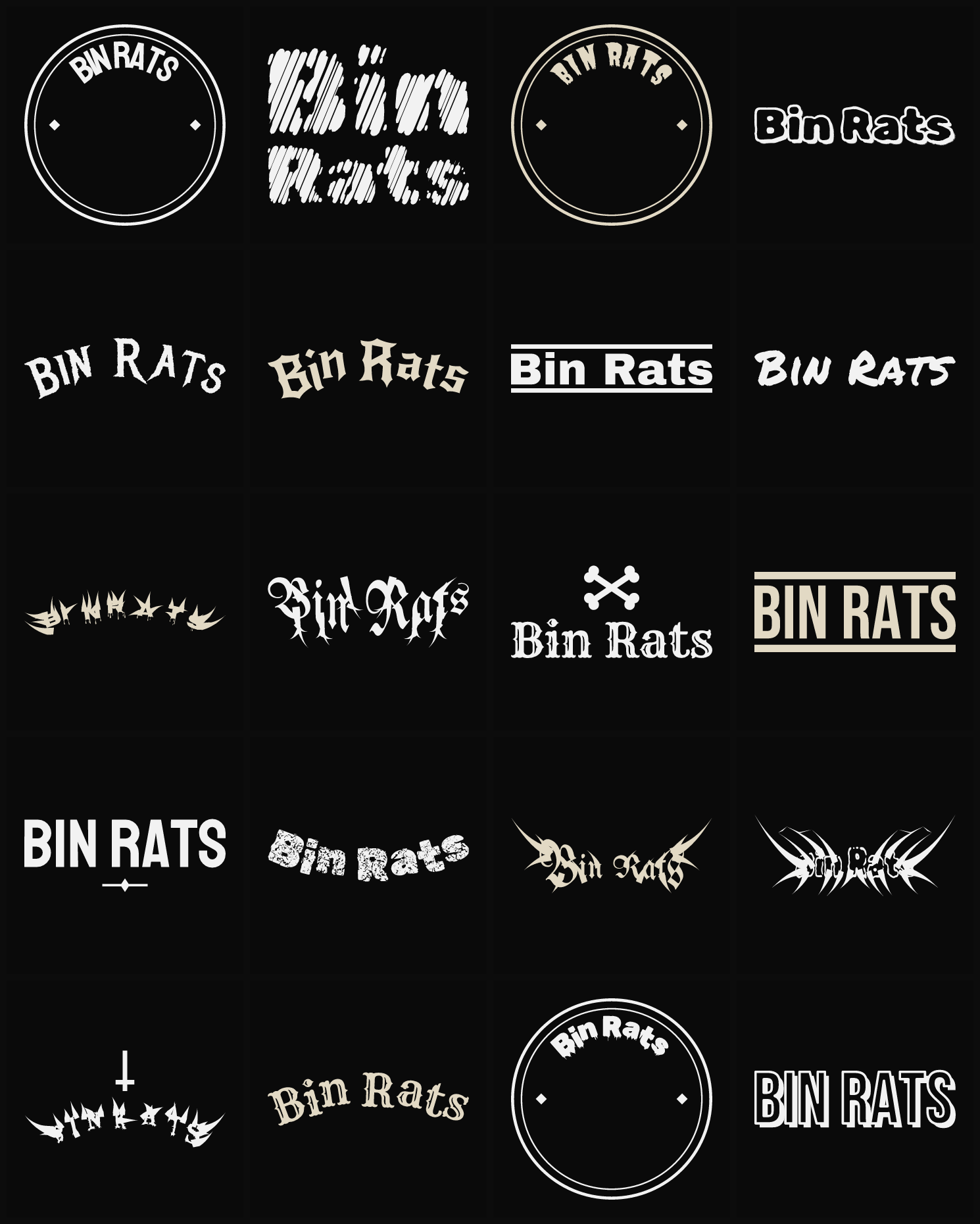 Twenty Bin Rats band logo ideas — different faces, treatments and spike settings
