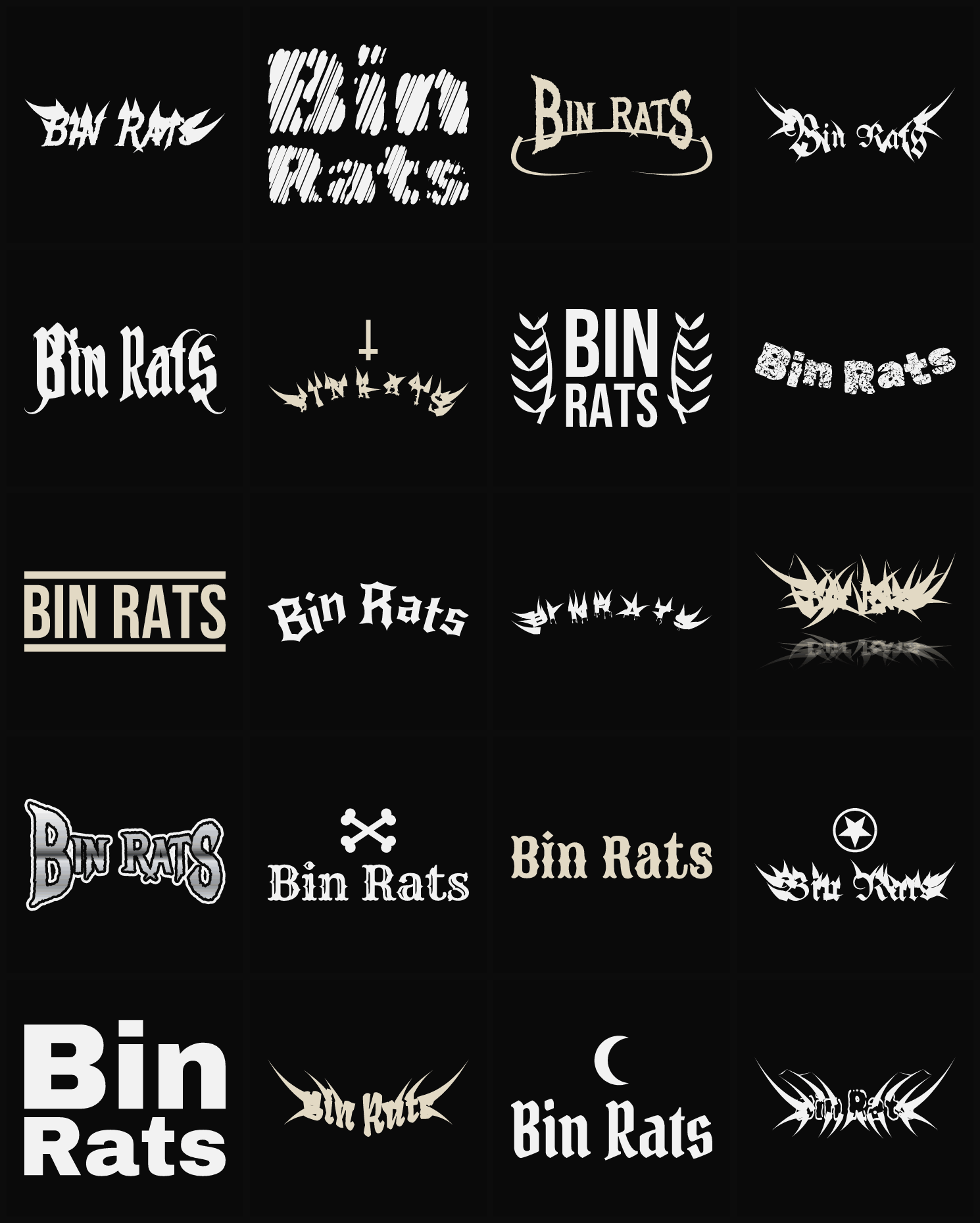 Twenty Bin Rats band logo ideas — different faces, treatments and spike settings