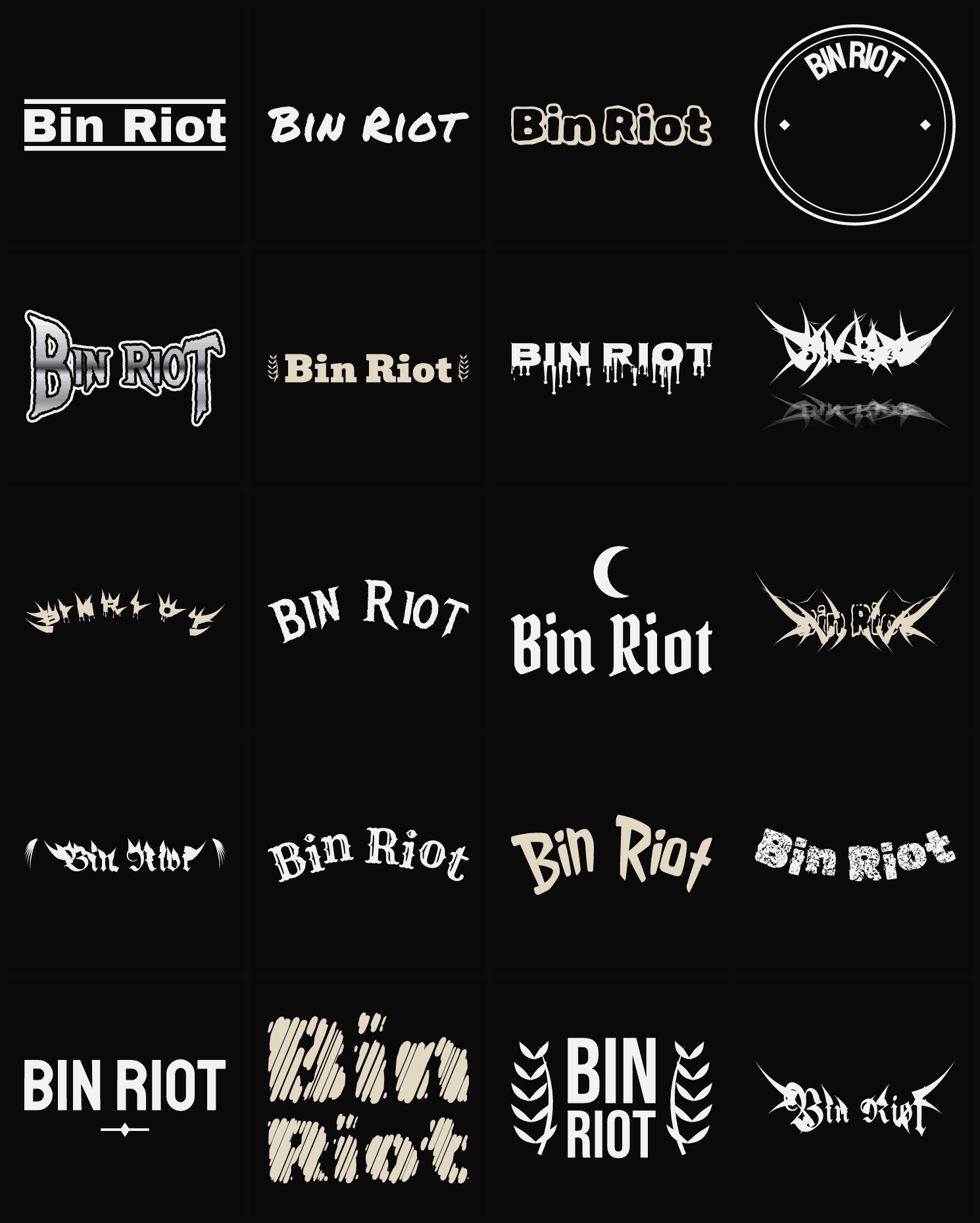 Twenty Bin Riot band logo ideas — different faces, treatments and spike settings