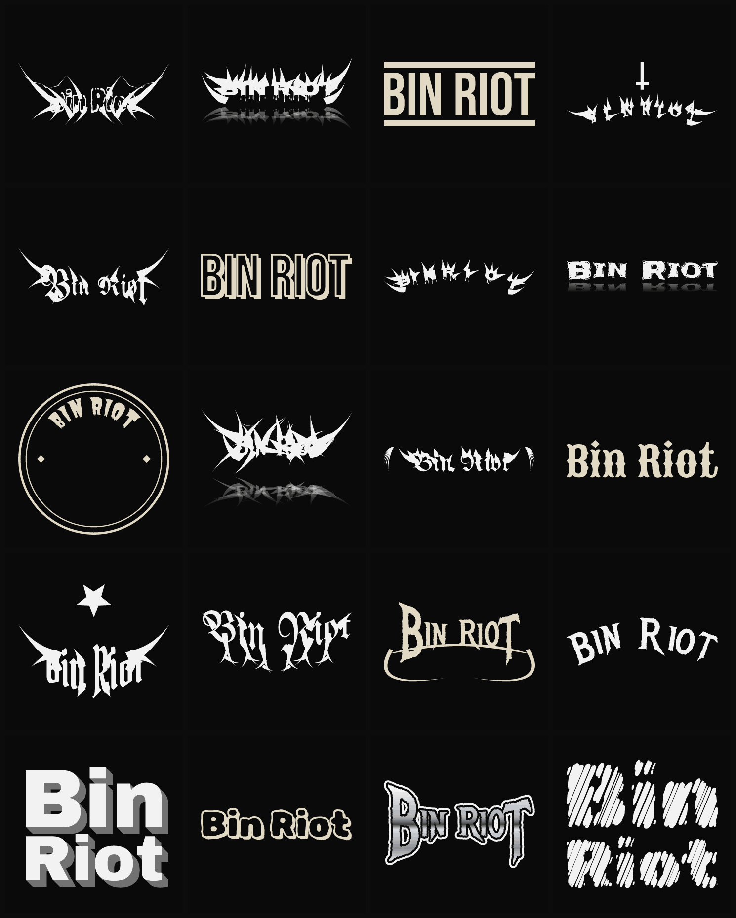 Twenty Bin Riot band logo ideas — different faces, treatments and spike settings