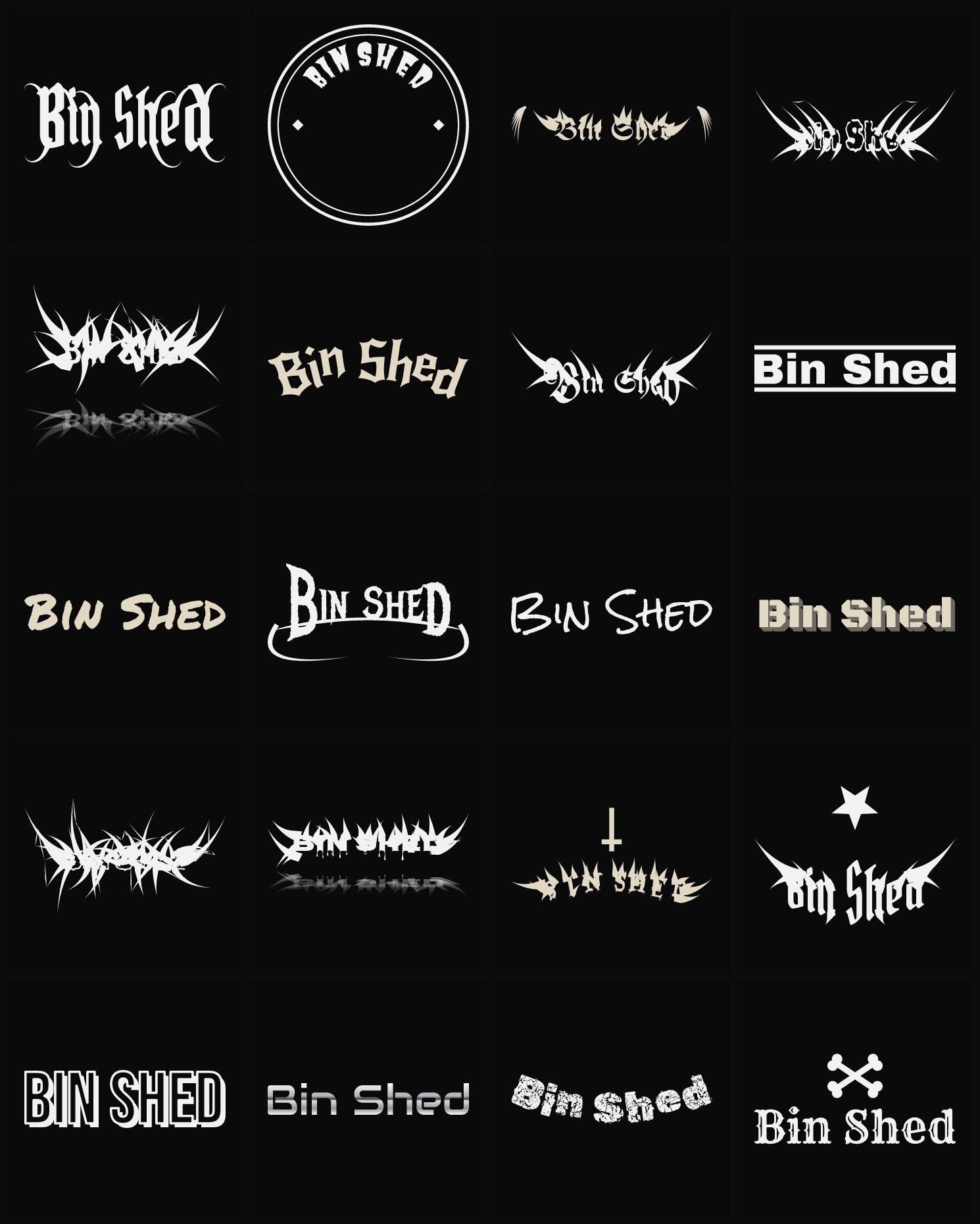 Twenty Bin Shed band logo ideas — different faces, treatments and spike settings