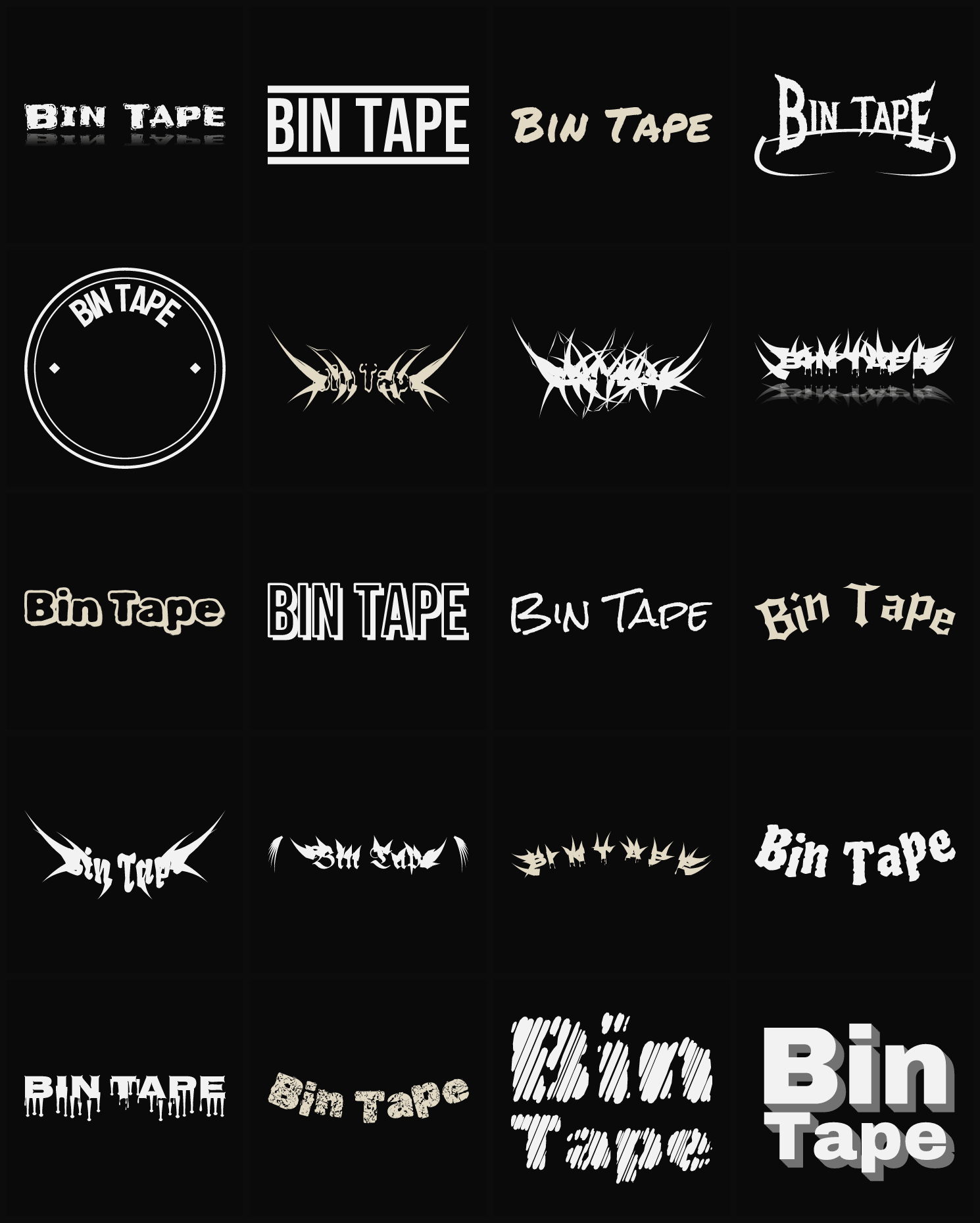 Twenty Bin Tape band logo ideas — different faces, treatments and spike settings