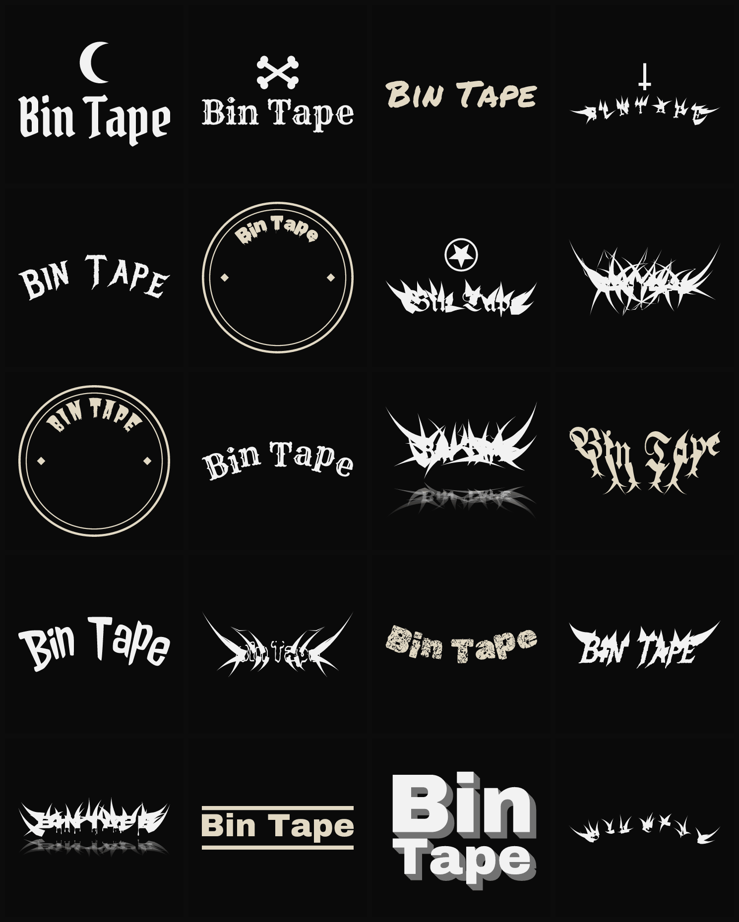 Twenty Bin Tape band logo ideas — different faces, treatments and spike settings