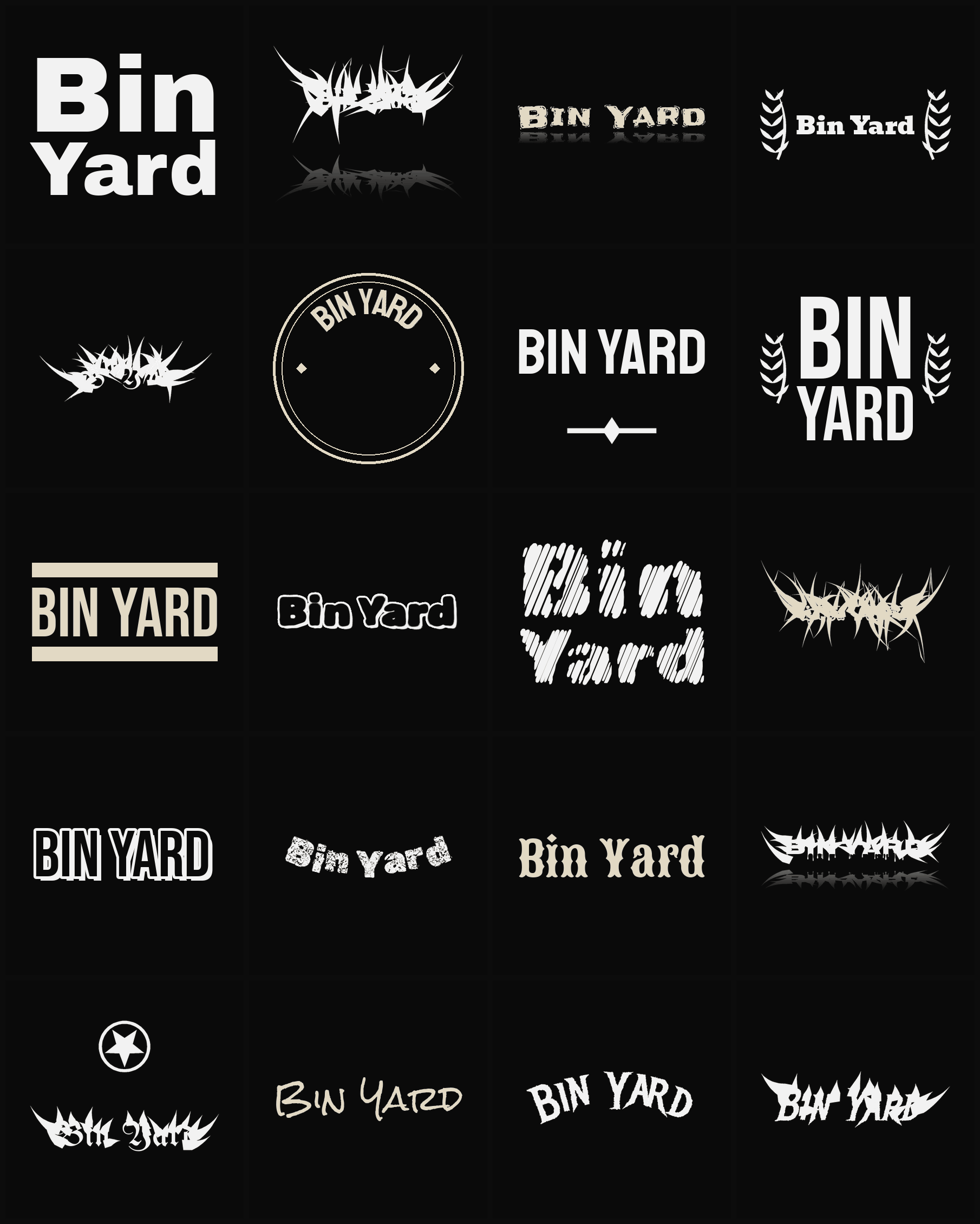 Twenty Bin Yard band logo ideas — different faces, treatments and spike settings