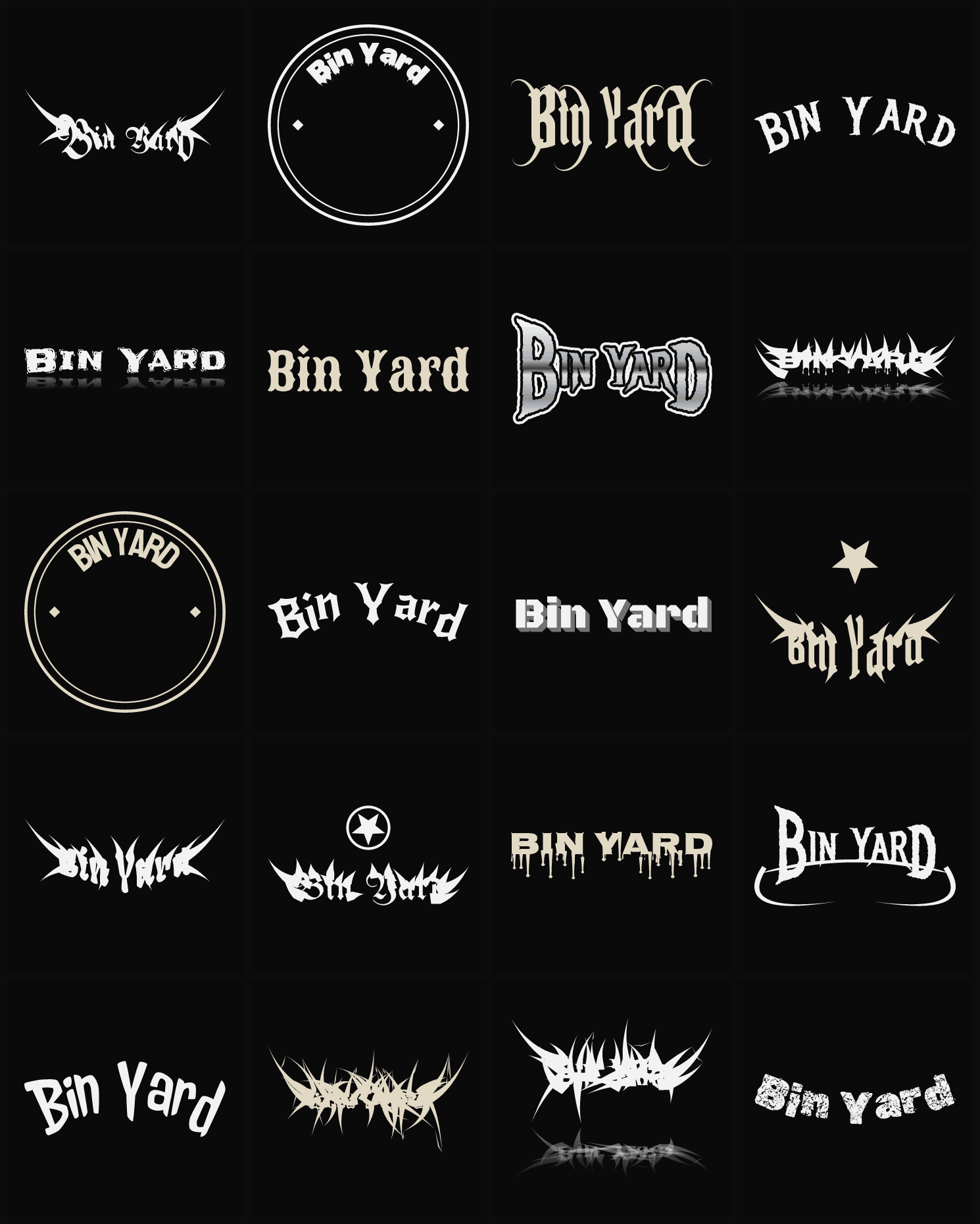 Twenty Bin Yard band logo ideas — different faces, treatments and spike settings