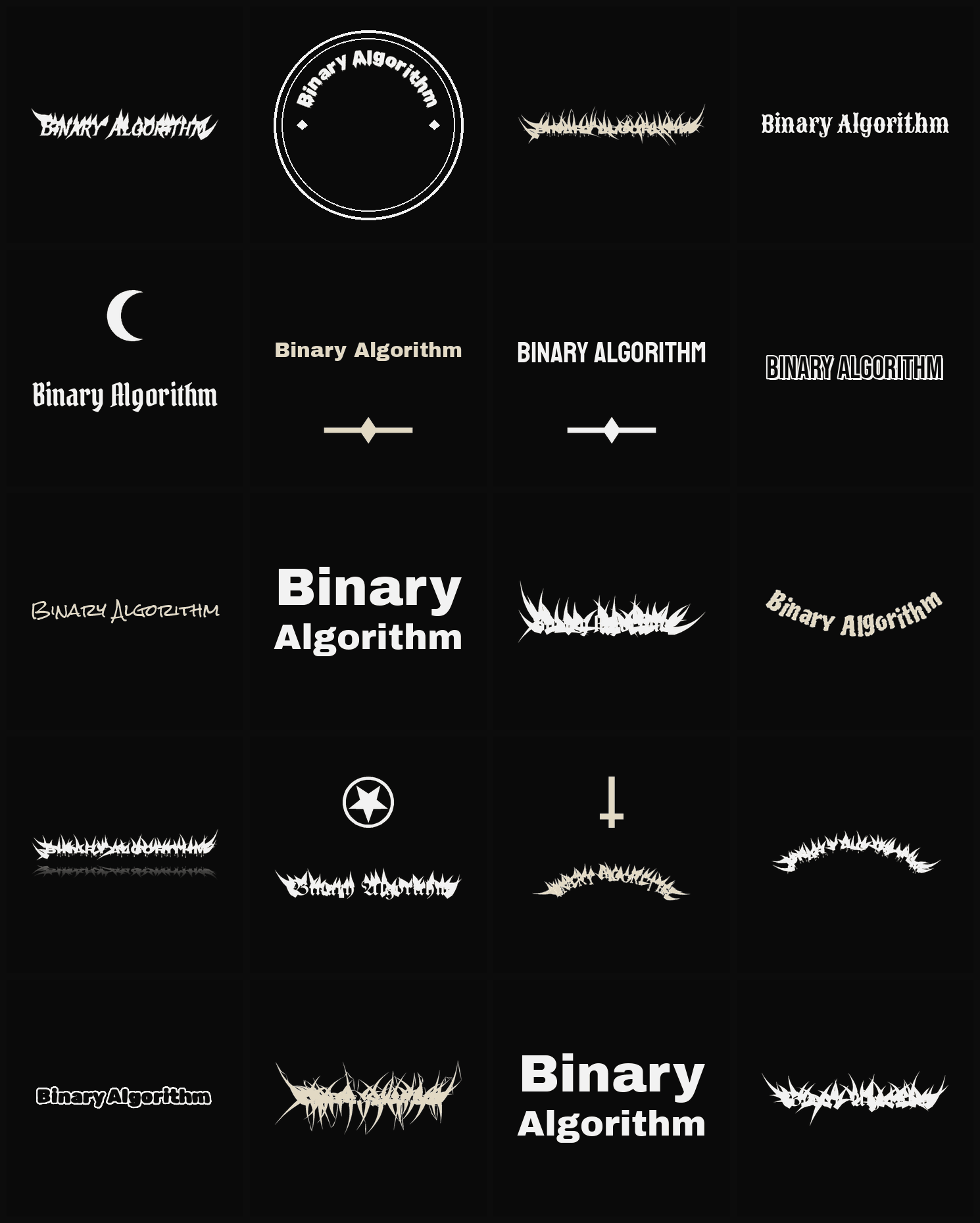 Twenty Binary Algorithm band logo ideas — different faces, treatments and spike settings