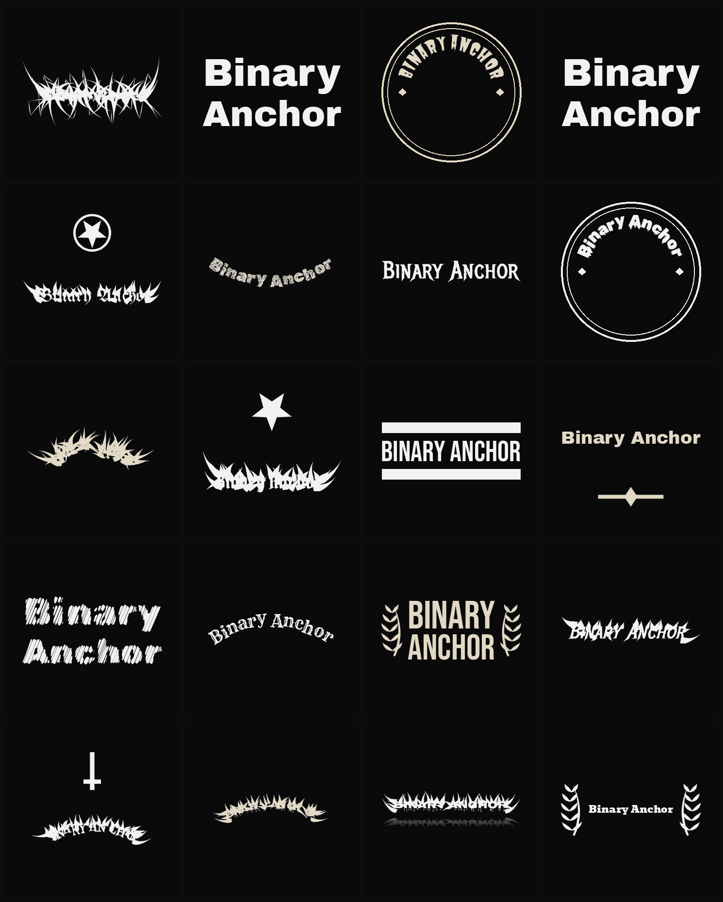 Twenty Binary Anchor band logo ideas — different faces, treatments and spike settings
