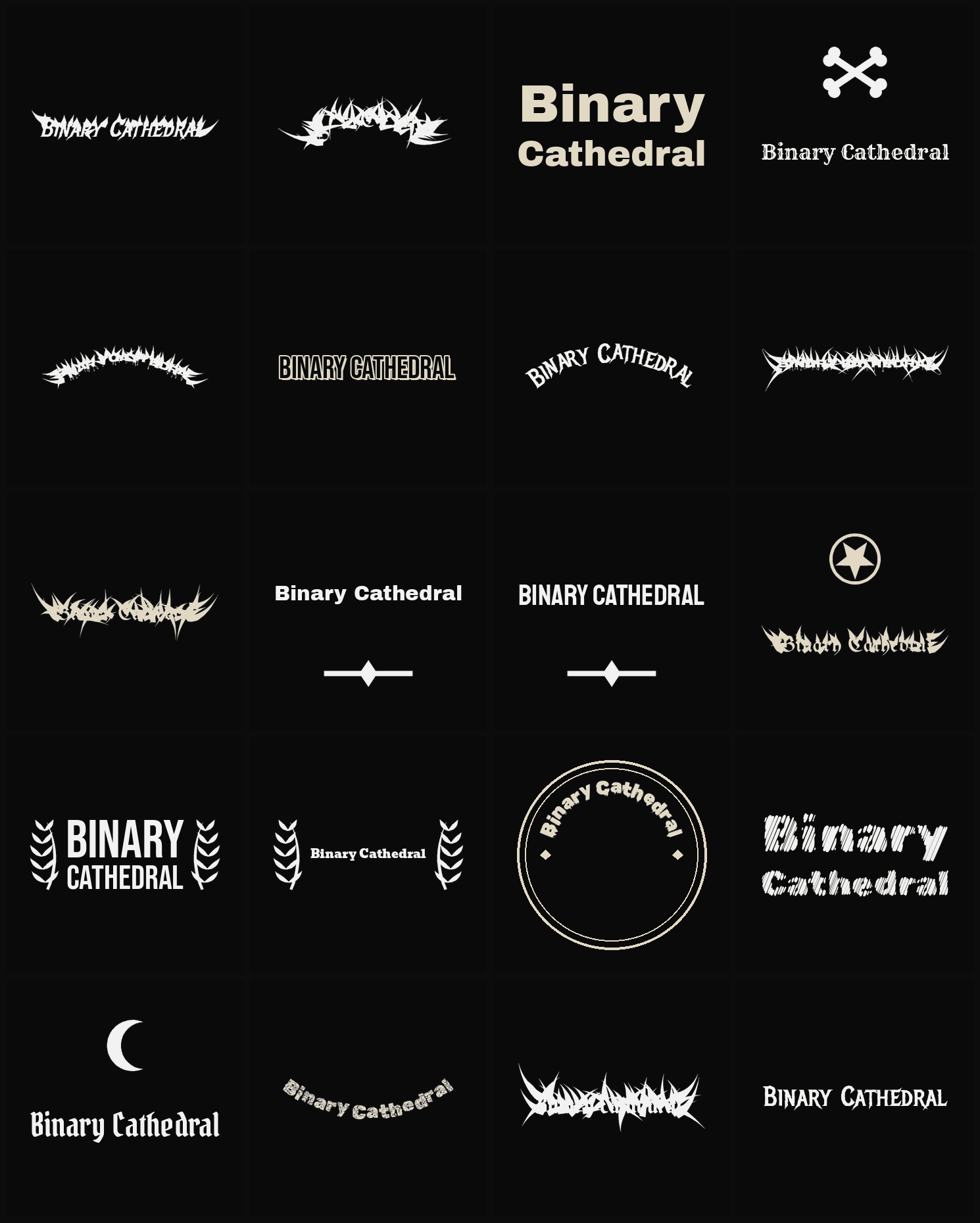 Twenty Binary Cathedral band logo ideas — different faces, treatments and spike settings