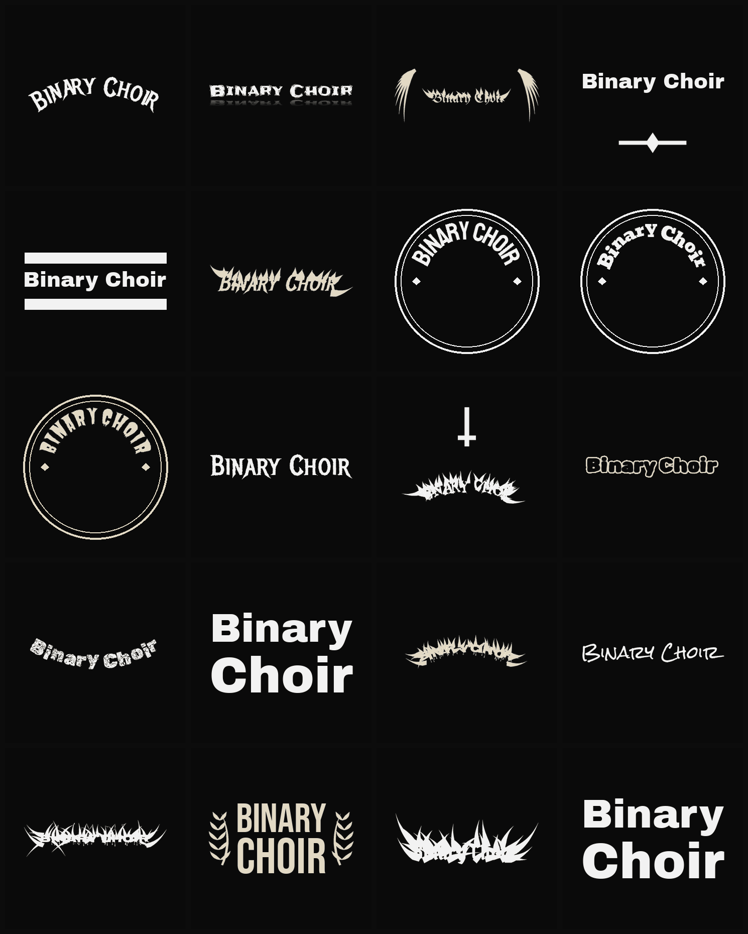 Twenty Binary Choir band logo ideas — different faces, treatments and spike settings