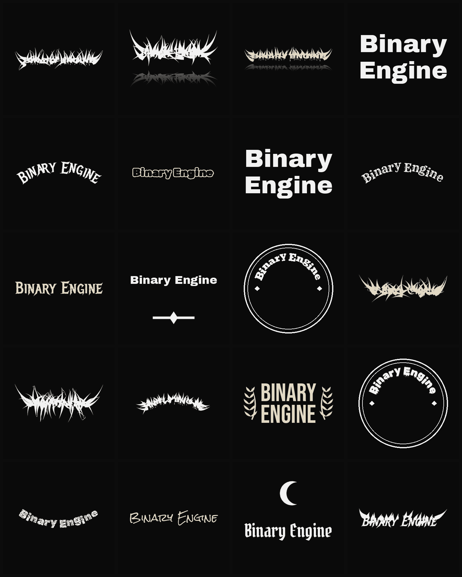 Twenty Binary Engine band logo ideas — different faces, treatments and spike settings