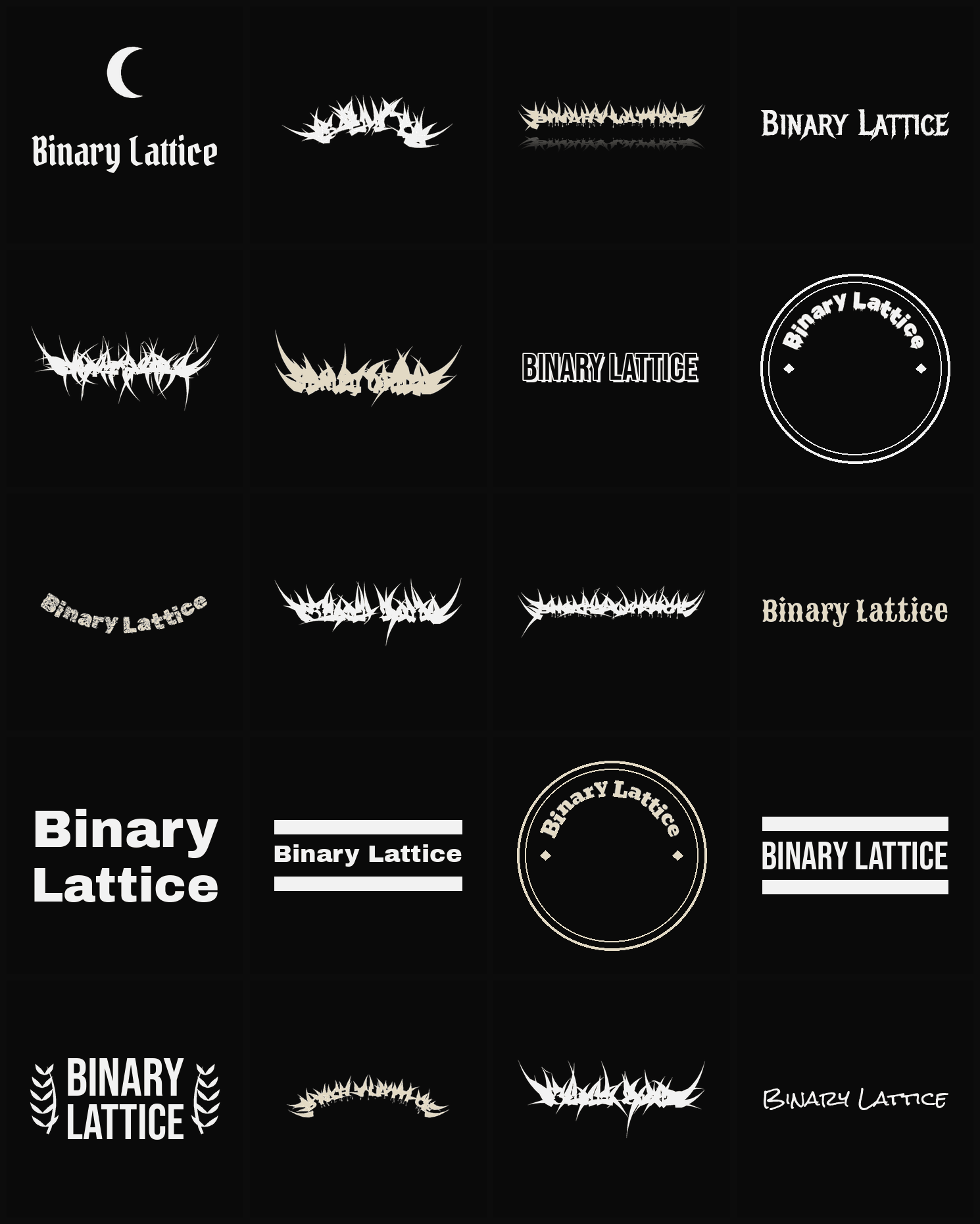 Twenty Binary Lattice band logo ideas — different faces, treatments and spike settings