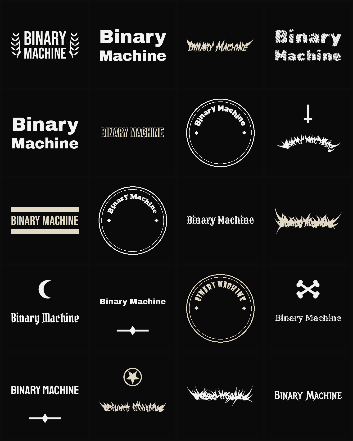 Twenty Binary Machine band logo ideas — different faces, treatments and spike settings