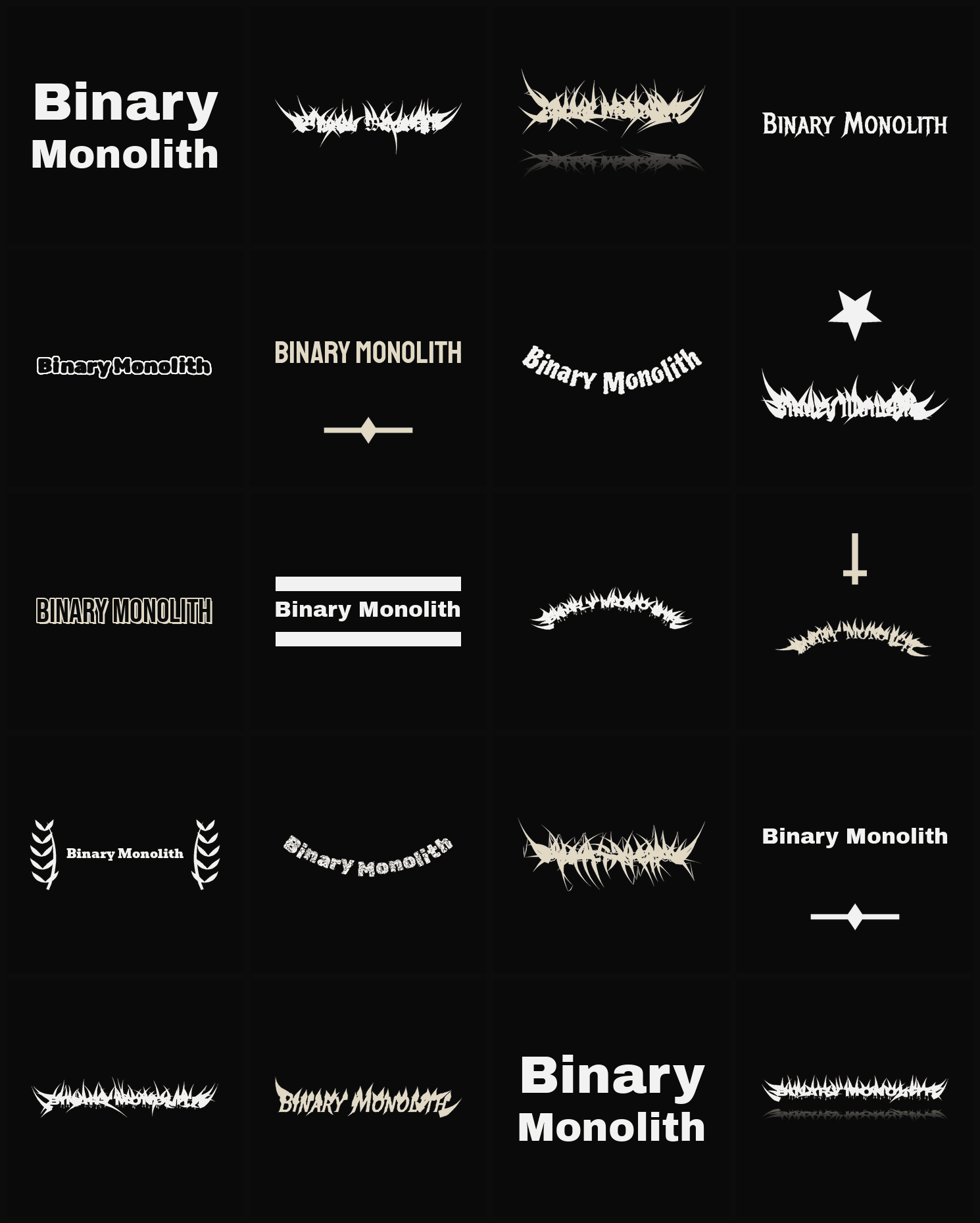 Twenty Binary Monolith band logo ideas — different faces, treatments and spike settings