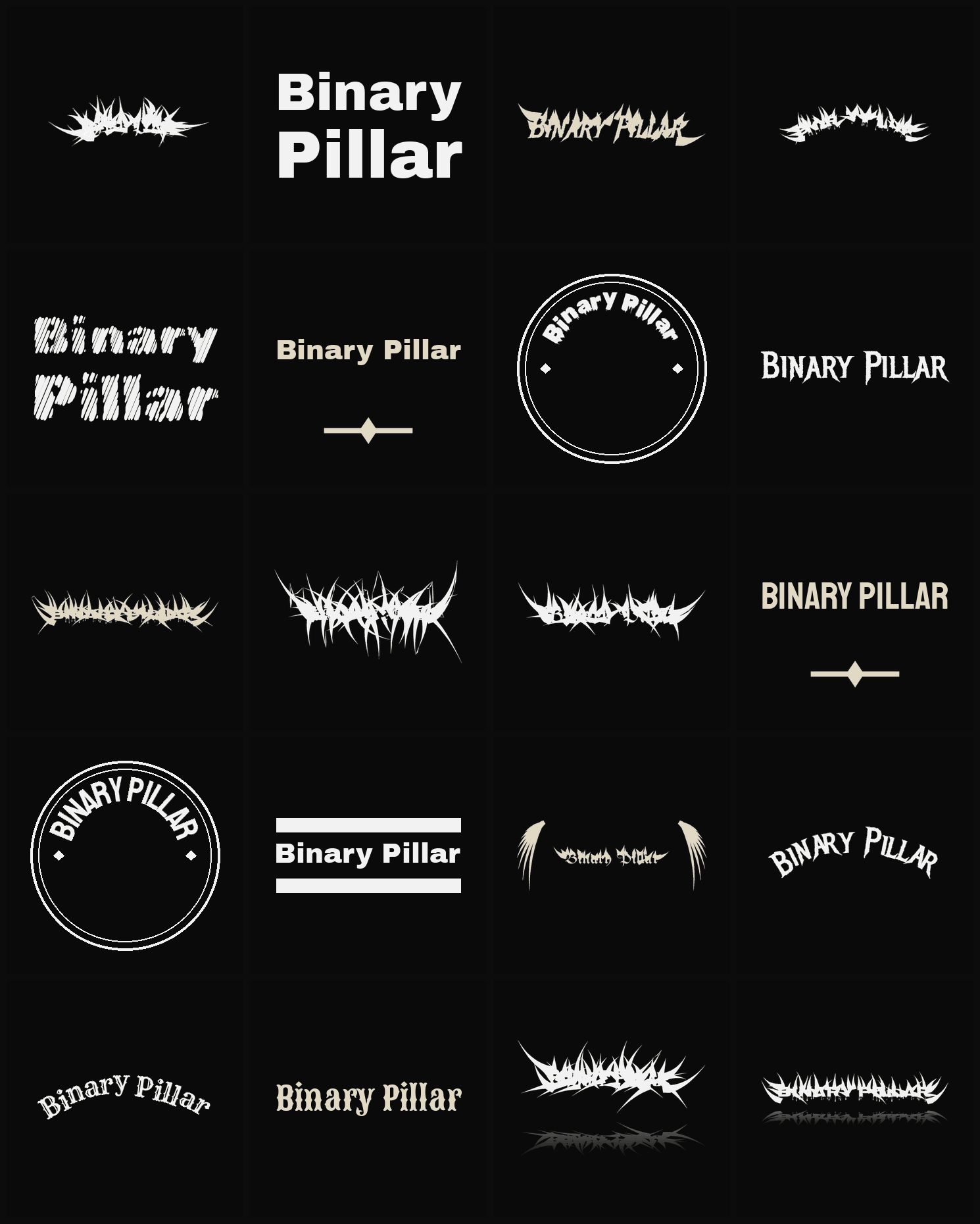 Twenty Binary Pillar band logo ideas — different faces, treatments and spike settings