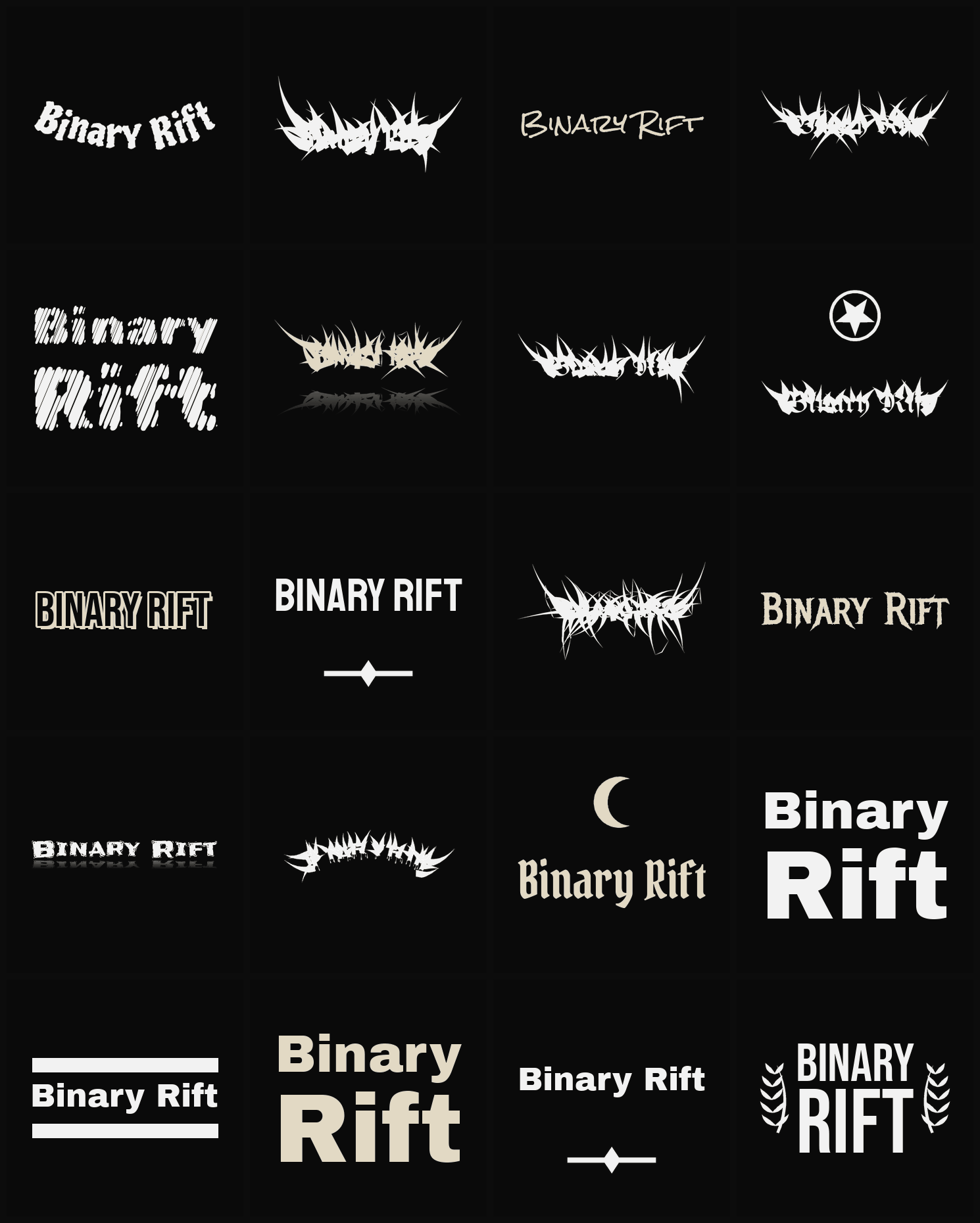 Twenty Binary Rift band logo ideas — different faces, treatments and spike settings